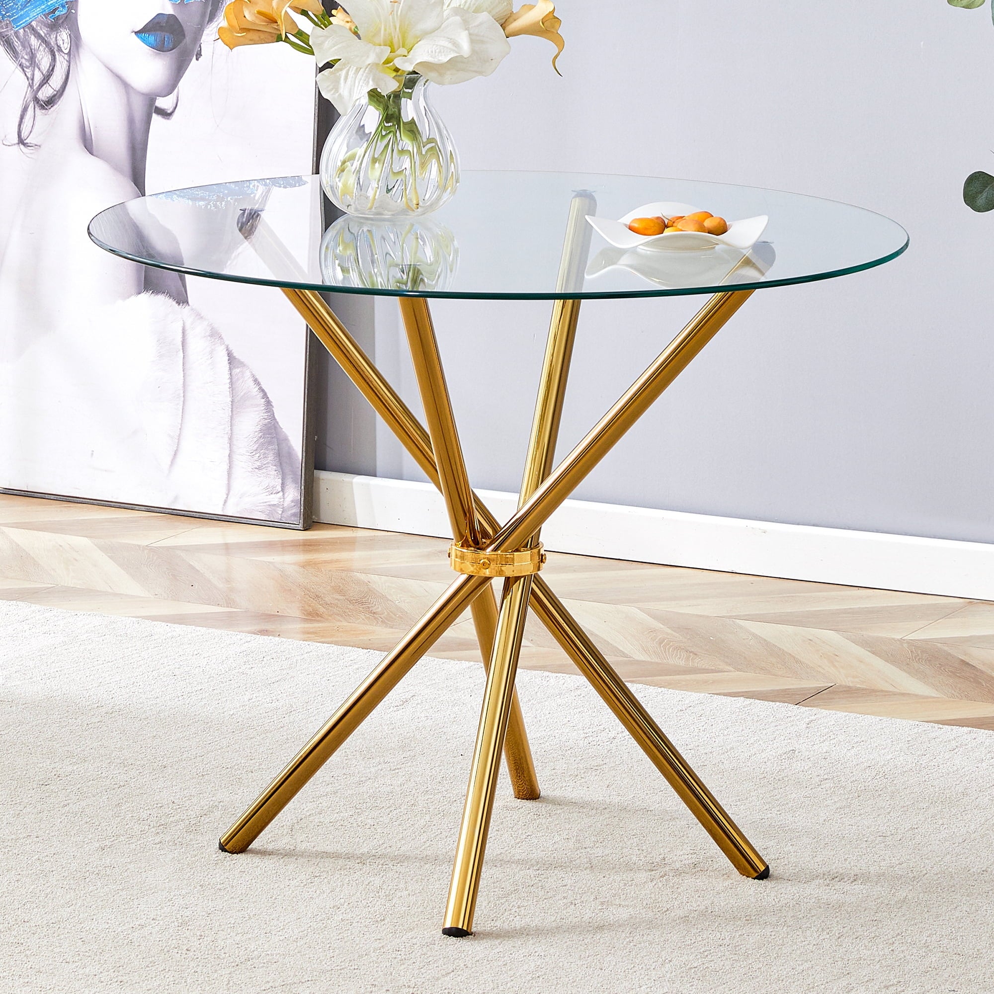 LUFTUT 36.6 Round Glass Dining Table, Modern Gold Base Kitchen Table, Small Space Bistro Table, Clear Tempered Glass Top for Apartmen