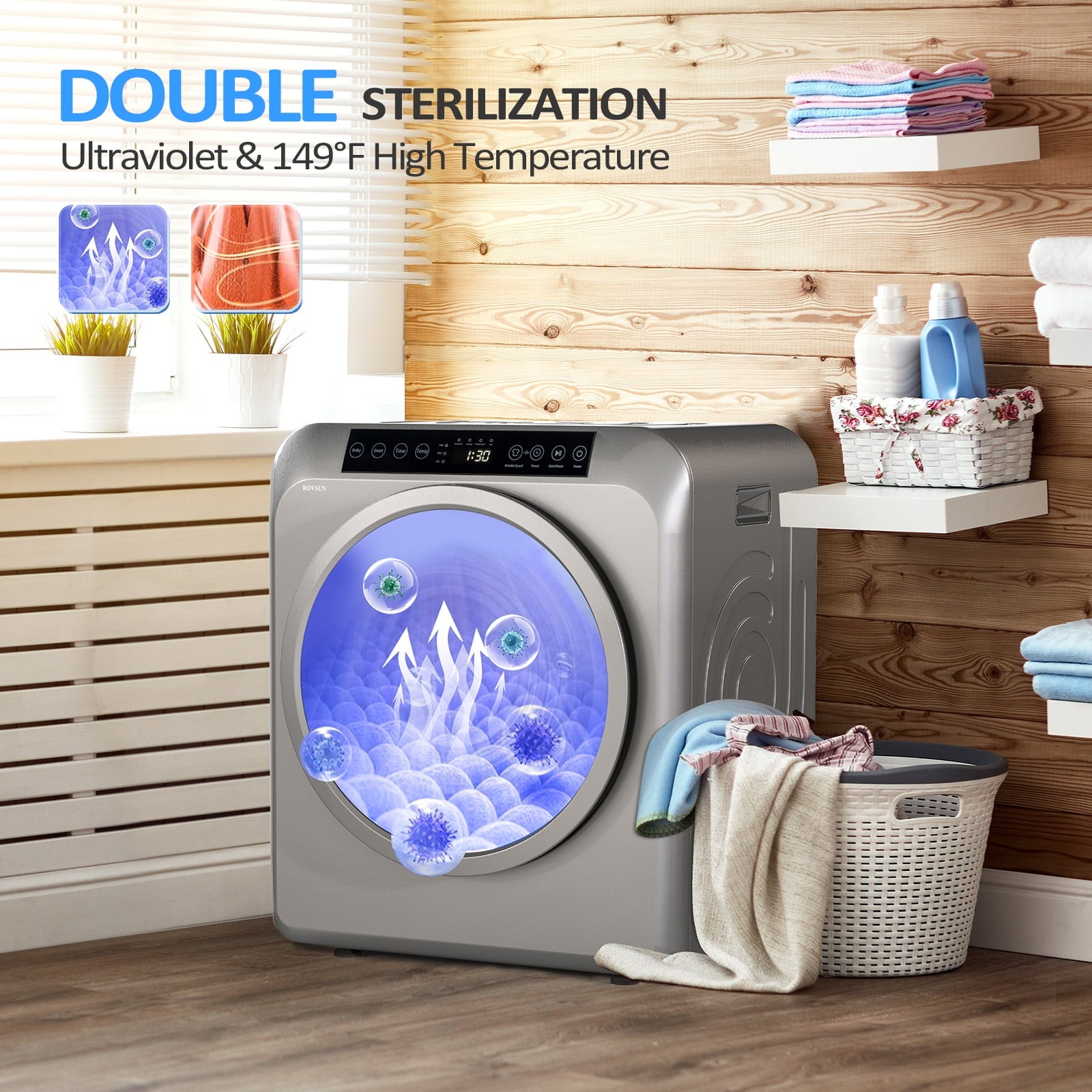 VINGLI 13.2LB Portable Clothes Dryer, 3.5 Cu.Ft Front Load Laundry Electric Tumble Dryer with LCD Touch Screen, UV Disinfection for Apartment, Home, Dorm-110V, Luxury Grey