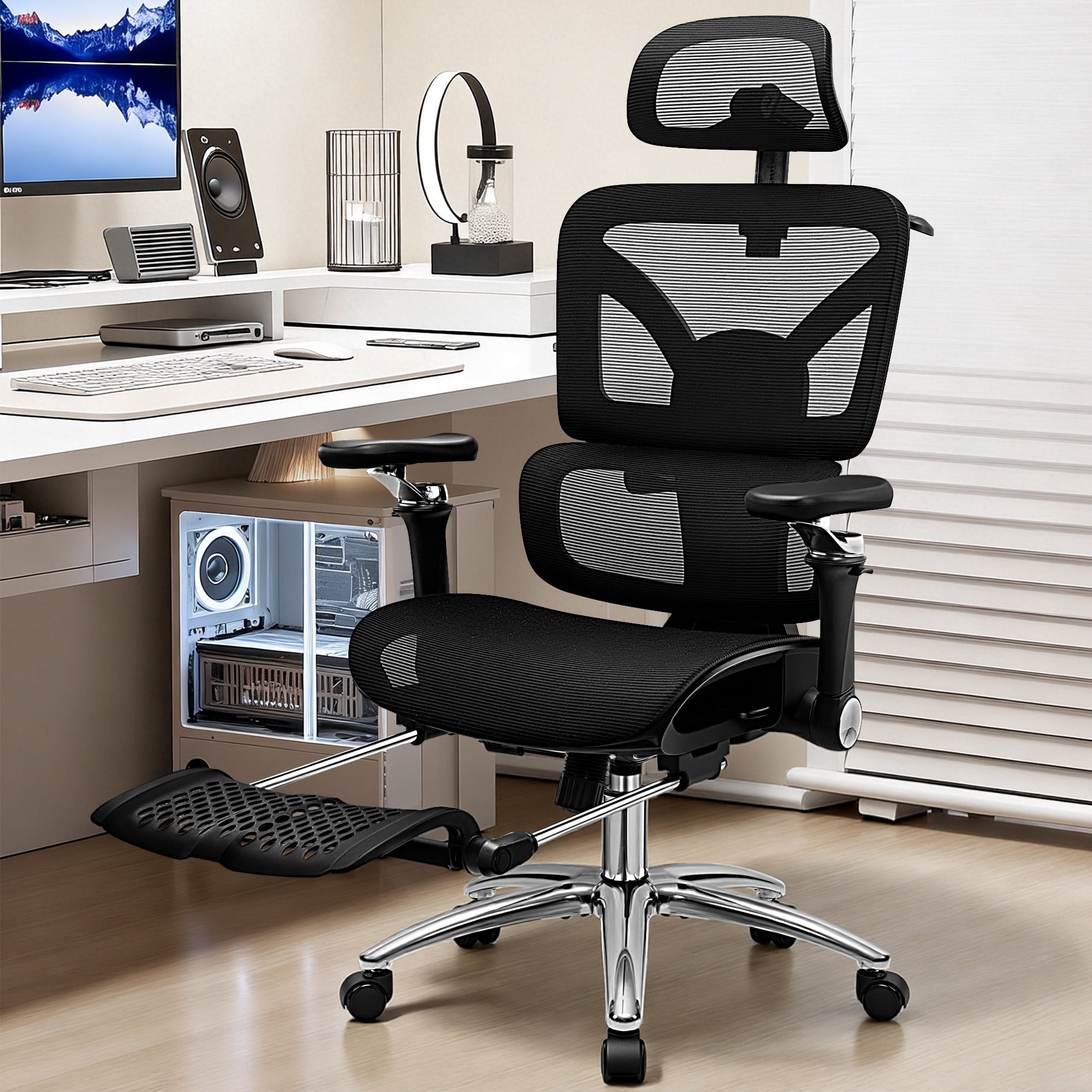 COOLHUT Ergonomic Mesh Office Chair with Footrest, Big and Tall Computer Desk Chair with Adjustable Lumbar Support, Headrest and Armrest, High Back Home Office Chair for Workspace, 300LBS, Black
