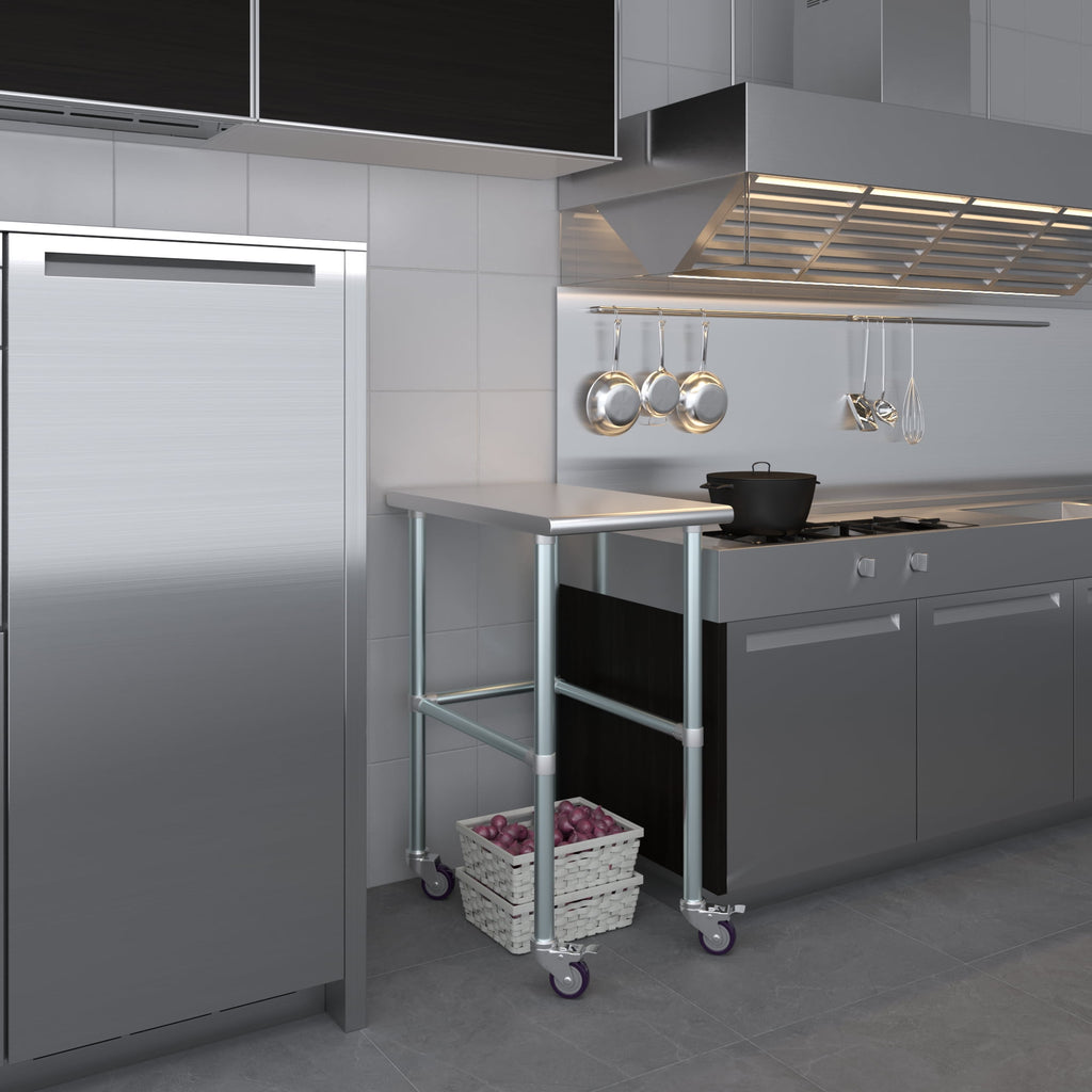 AmGood 36 Long x 30 Deep Stainless-Steel Work Table with Open Base and Wheels, Mobile Metal Table