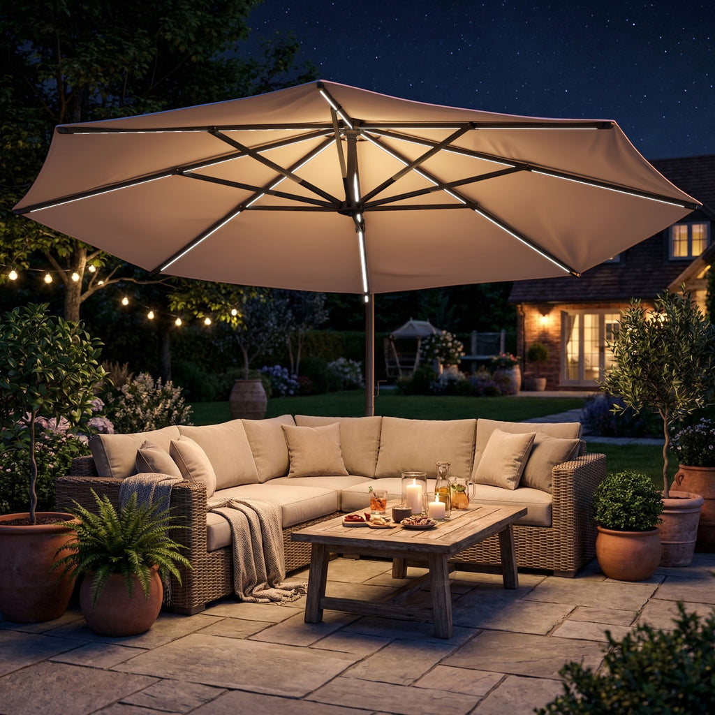 LAZZO 12ft Outdoor Patio Umbrella with Base and Lights, Aluminum Offset Cantilever Umbrella for Pool Deck, Champagne