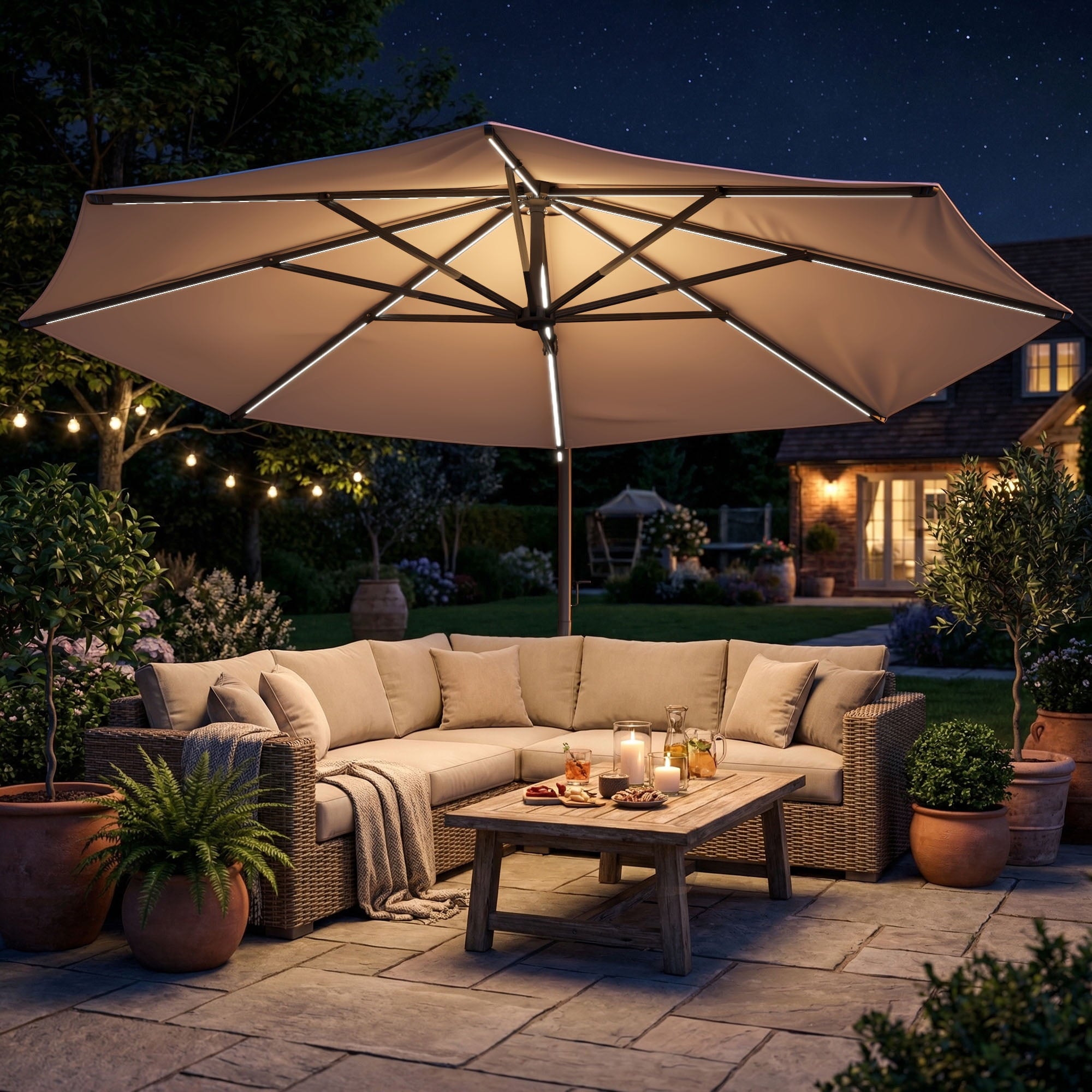 LAZZO 12ft Outdoor Patio Umbrella with Base and Lights, Aluminum Offset Cantilever Umbrella for Pool Deck, Champagne