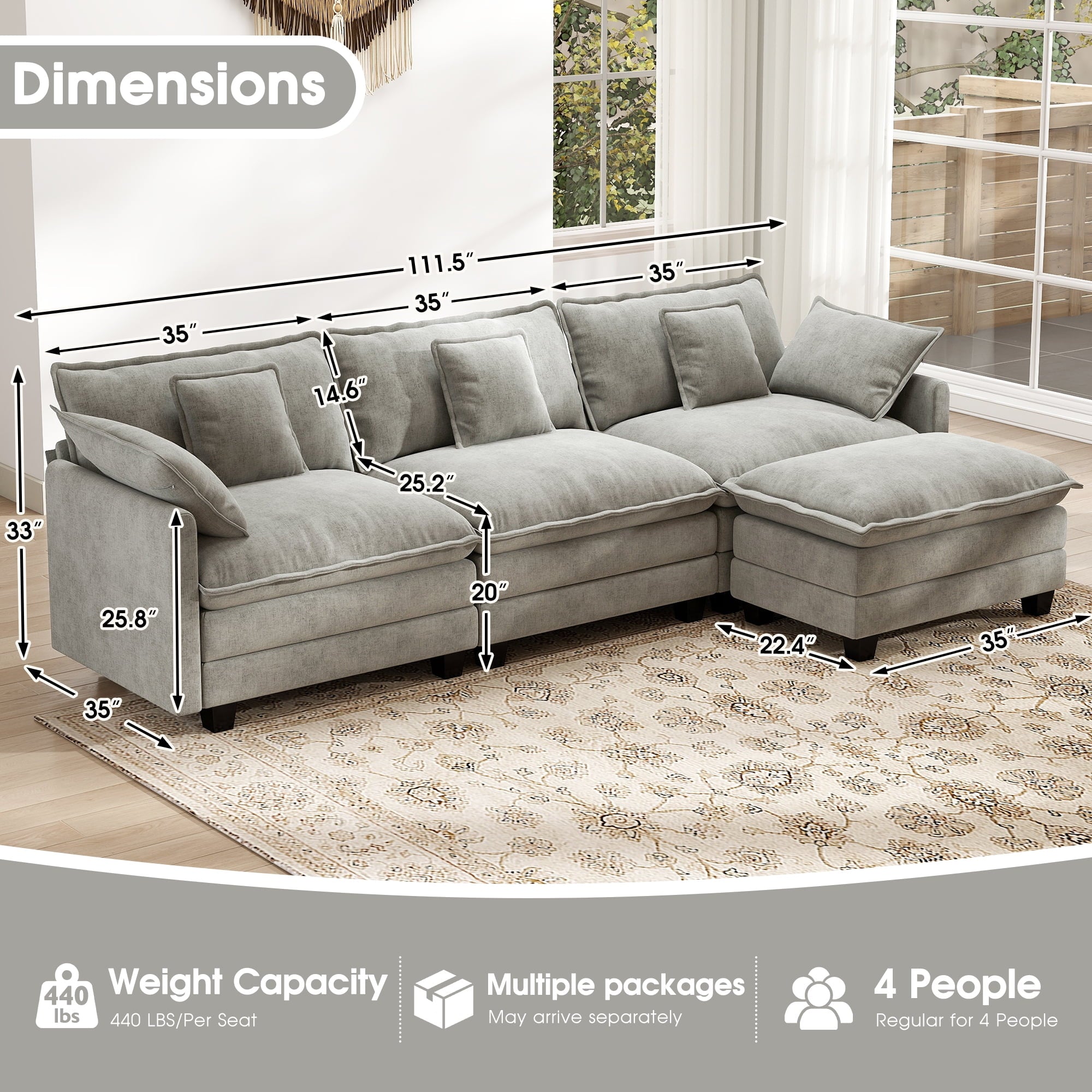 BedLuxury 111.5'' Modular Sectional Sofa with Movable Ottomans, U Shaped Cloud Couch for Living Room, 3-Seat, Beige