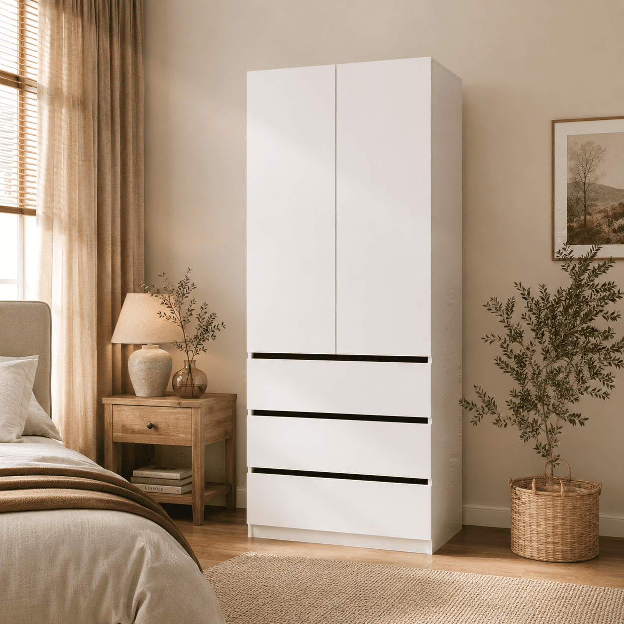 74.8''H Wooden Wardrobe Closet with 3 Drawers & Hanging Rod, 2-Door Armoire Cabinet with Smooth Drawer Slides for Bedroom