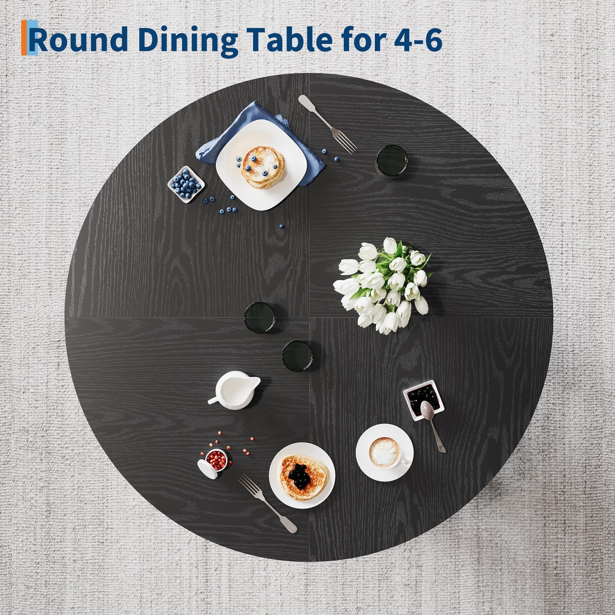 47 Round Farmhouse Dining Table for 4 | Sturdy Kitchen Table & Breakfast Nook Centerpiece Space-Saving Design for Dining Room (Table Only)