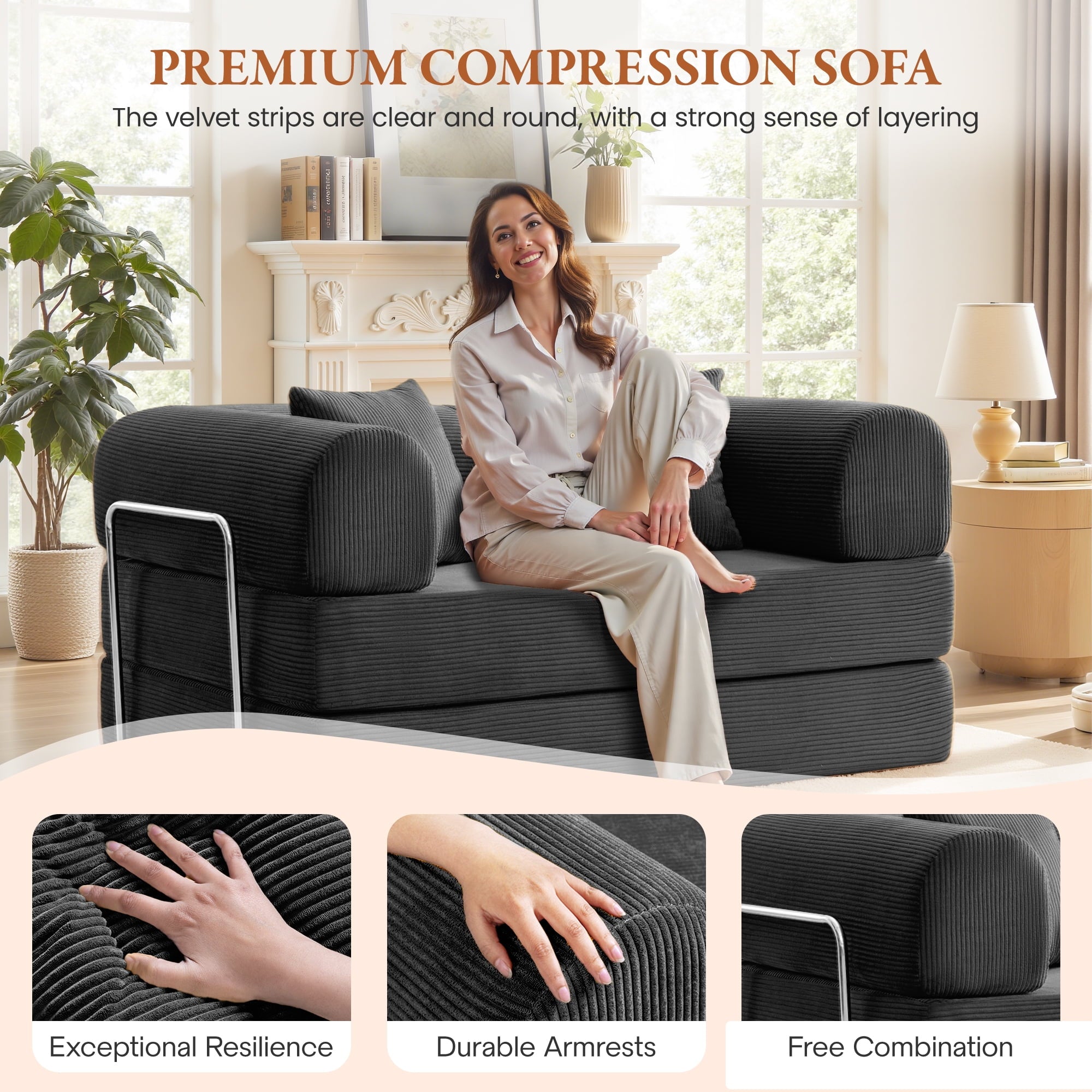 COOLHUT 63 W Combination Sofa, High Rebound Density Foam Sofa Couch, Two Forms Floor Couch Three Seats Sofa Bed for Living Room, Bedroom, Green