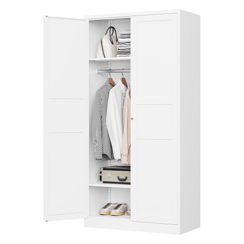 STANI Metal Wardrobe Closet with Hanging Rod, 72 White Armoire Wardrobe Cabinet with Adjustable Shelves, Clothes Storage Organizer Cabinets for Bedroom, Bathroom, Office