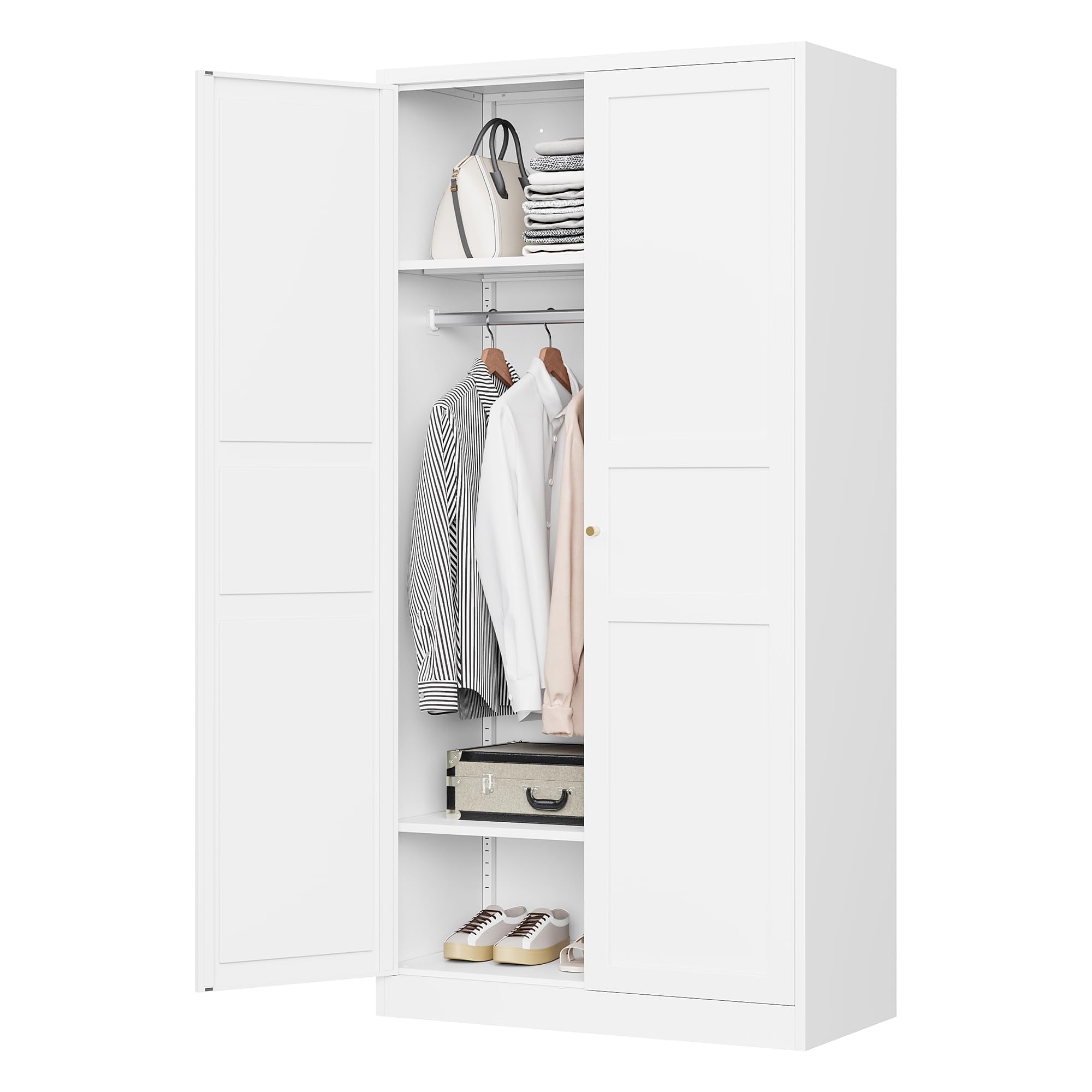 STANI Metal Wardrobe Closet with Hanging Rod, 72 White Armoire Wardrobe Cabinet with Adjustable Shelves, Clothes Storage Organizer Cabinets for Bedroom, Bathroom, Office
