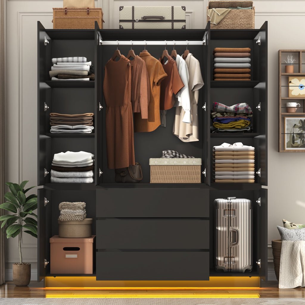 75 Tall 3 Doors Armoire Wardrobe Closet with  3 Drawers and Mirror, Large Wardrobe Closet for Bedroom with LED Lights, Wooden Armoire Storage Cabinet with Hanging Rod, Adjustable shelves (White)