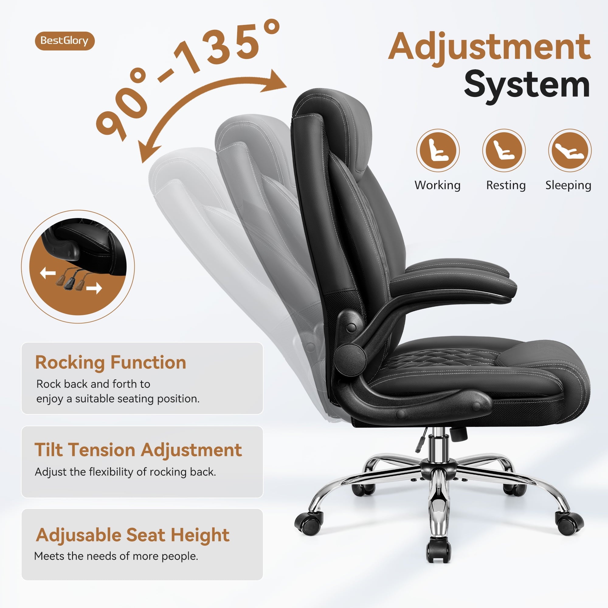 FASTES Ergonomic Office Chair, Big and Tall Leather Desk Chair with Footrest and Lumbar Support, 2-Position Reclining Executive Computer Chair, Black
