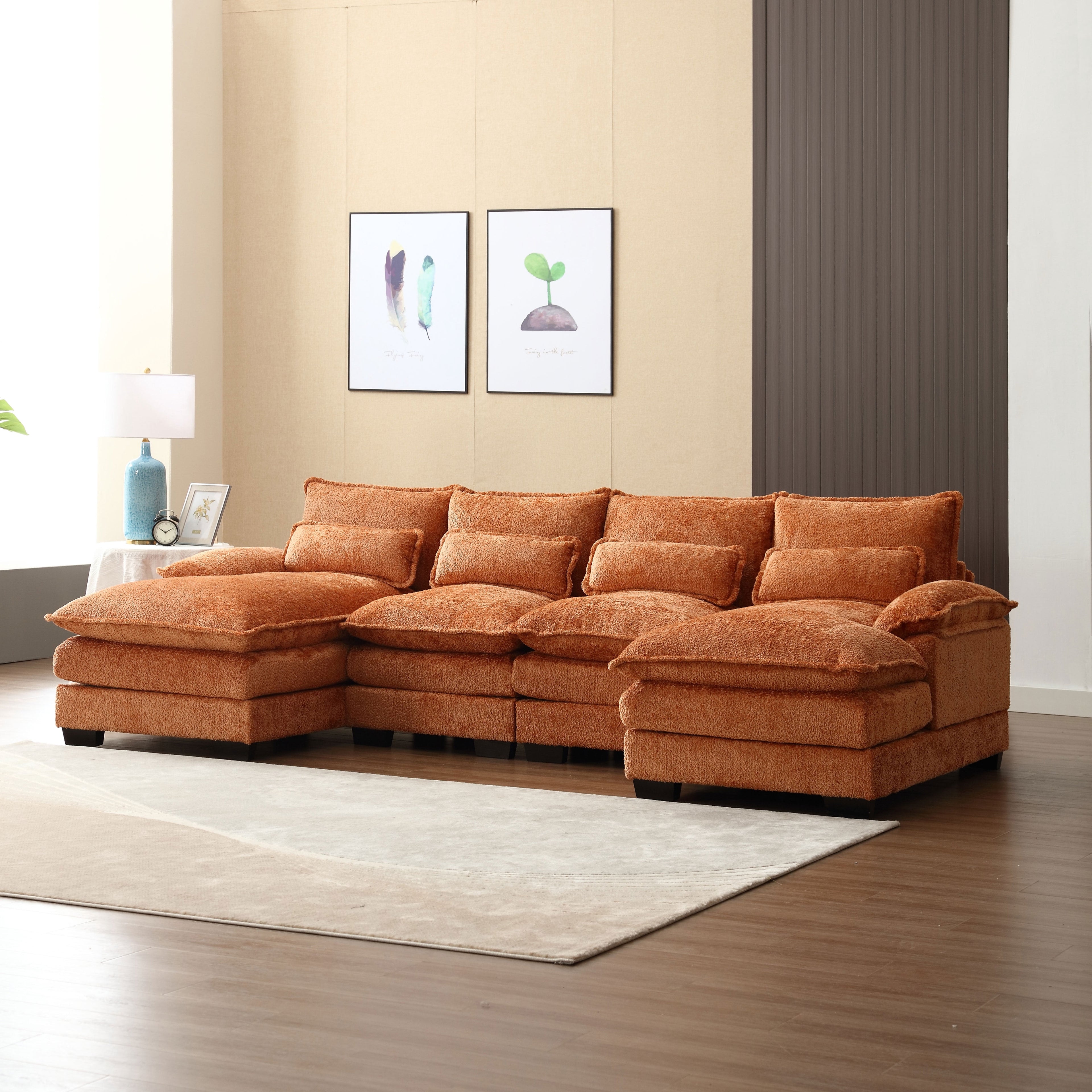 JONPONY109.45 U Shaped Couch,Oversized 4 Seat Sectional with 4 Waist Pillows, Convertible Upholstery Symmetrical Sofá,Sleeper Sofa Couch with Double Chaise Lounge &Memory Foam for Living Room, Beige