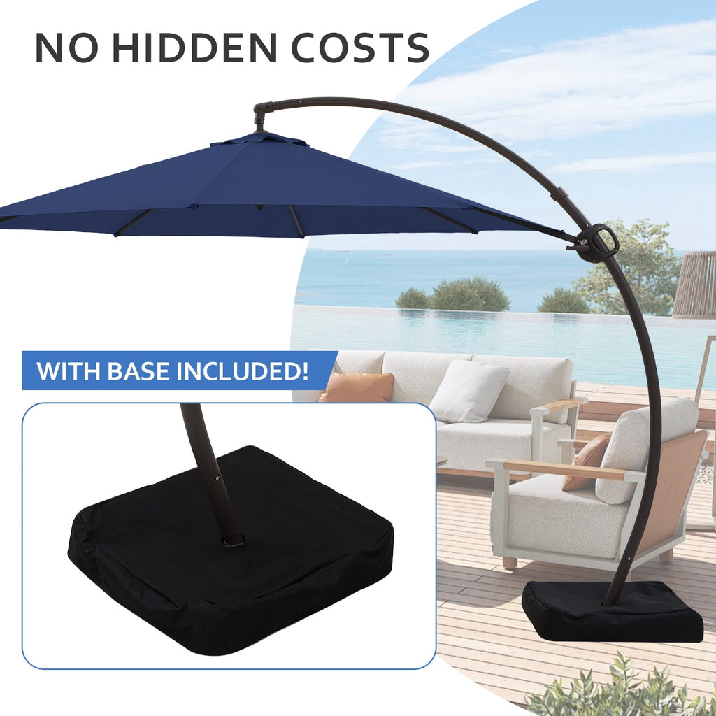 FUNDAZE 11ft Market Patio Umbrella with Base, Curved Cantilever Hanging Sun Shade with Crank & Tilt for Garden, Deck, Poolside,Beige