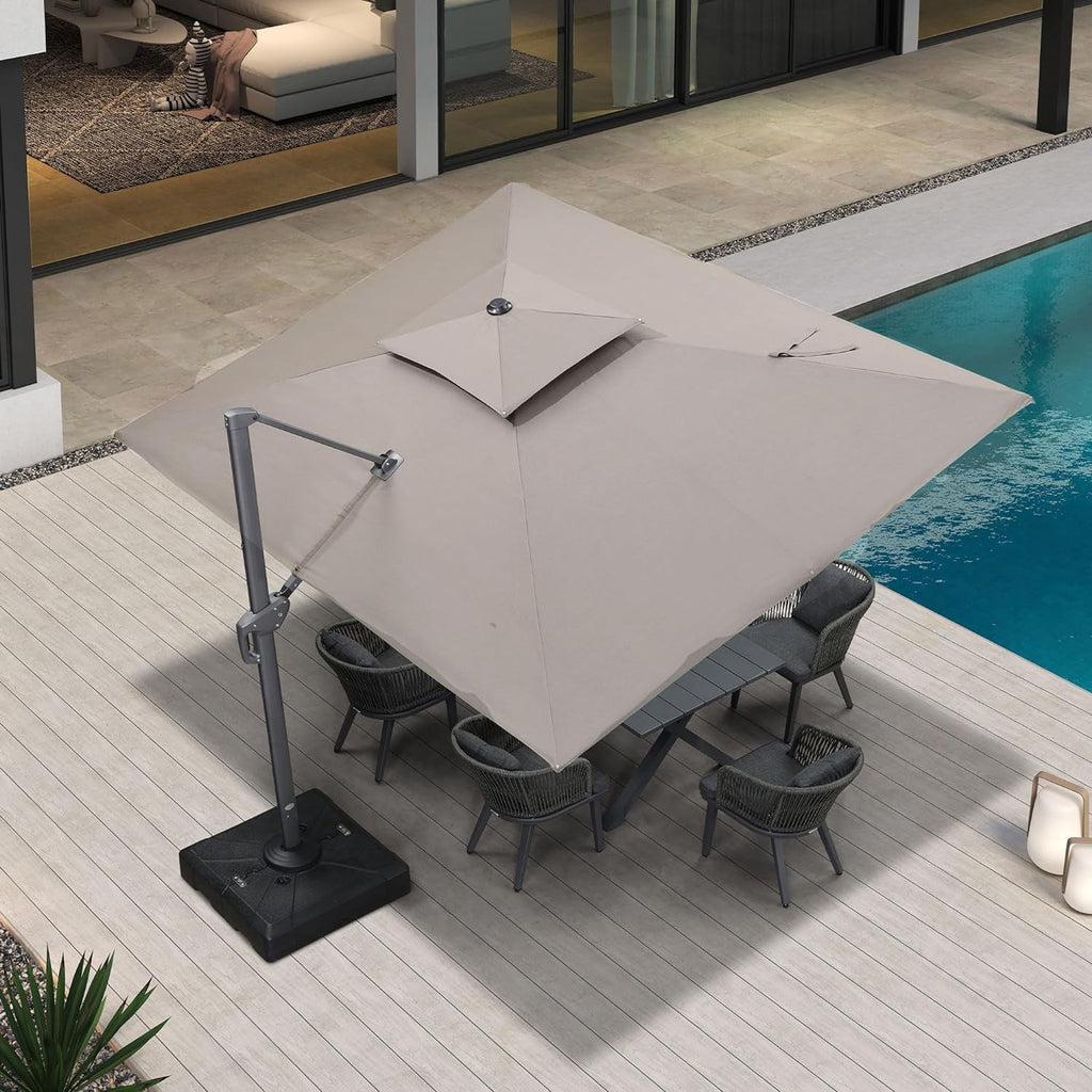 PURPLE LEAF Cantilever Umbrellas 12FT Square Large Patio Umbrella Offset Umbrella with 360°Rotation Tilting And Hanging Double Top, Grey