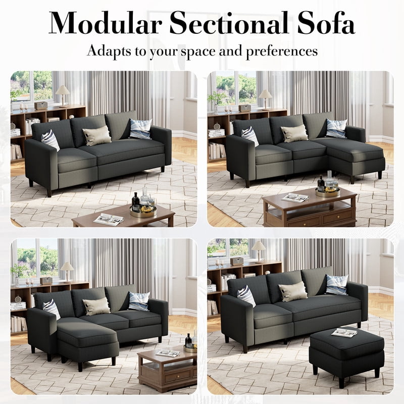 Walsunny 73.6 Convertible Sectional Sofa Couch, L-Shaped 3-Seat Sofa Couch with Reversible Chaise for Small Space,Dark Gray