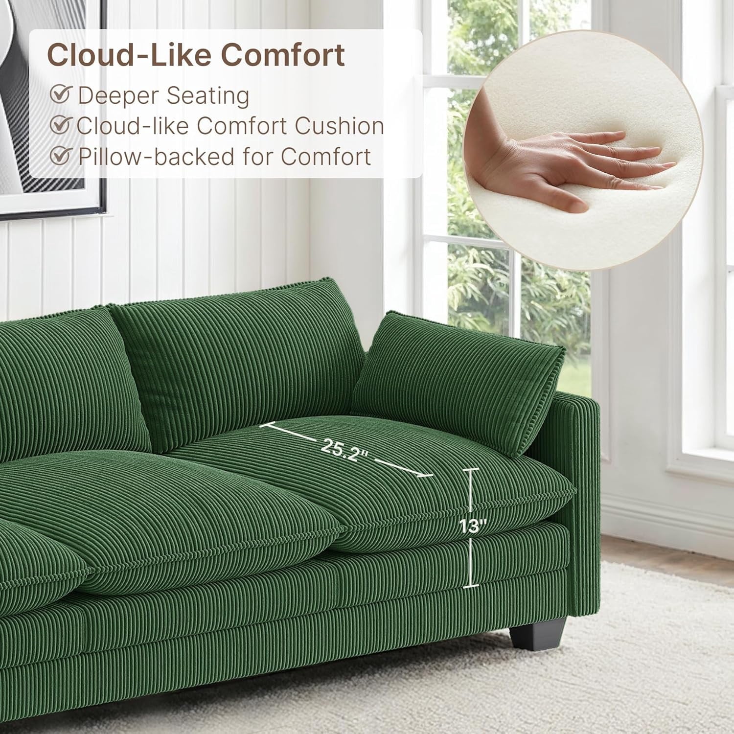 110'' Oversized L Shaped Couch for Living Room, Cloud Couches with Washable Corduroy Cover, Modern 4-Seater Comfy Deep-Seat Sofa with Movable Ottoman and 2 Throw Pillows for Apartment, Gray