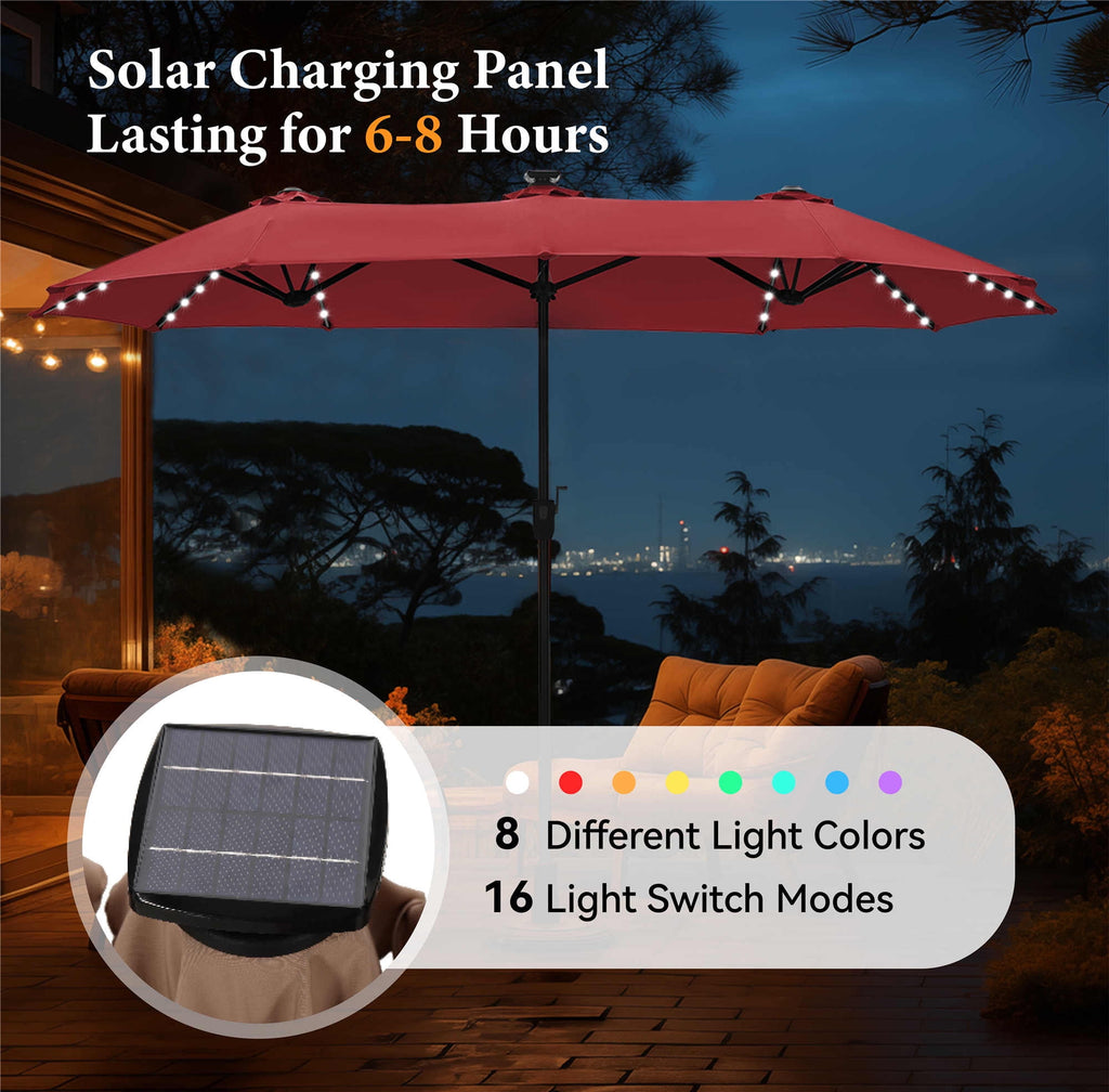 SUMMIT LIVING 13ft Large Patio Umbrella with Multi-Color LED Solar Lights Double-Sided Rectangular Outdoor Table Umbrella – Beige