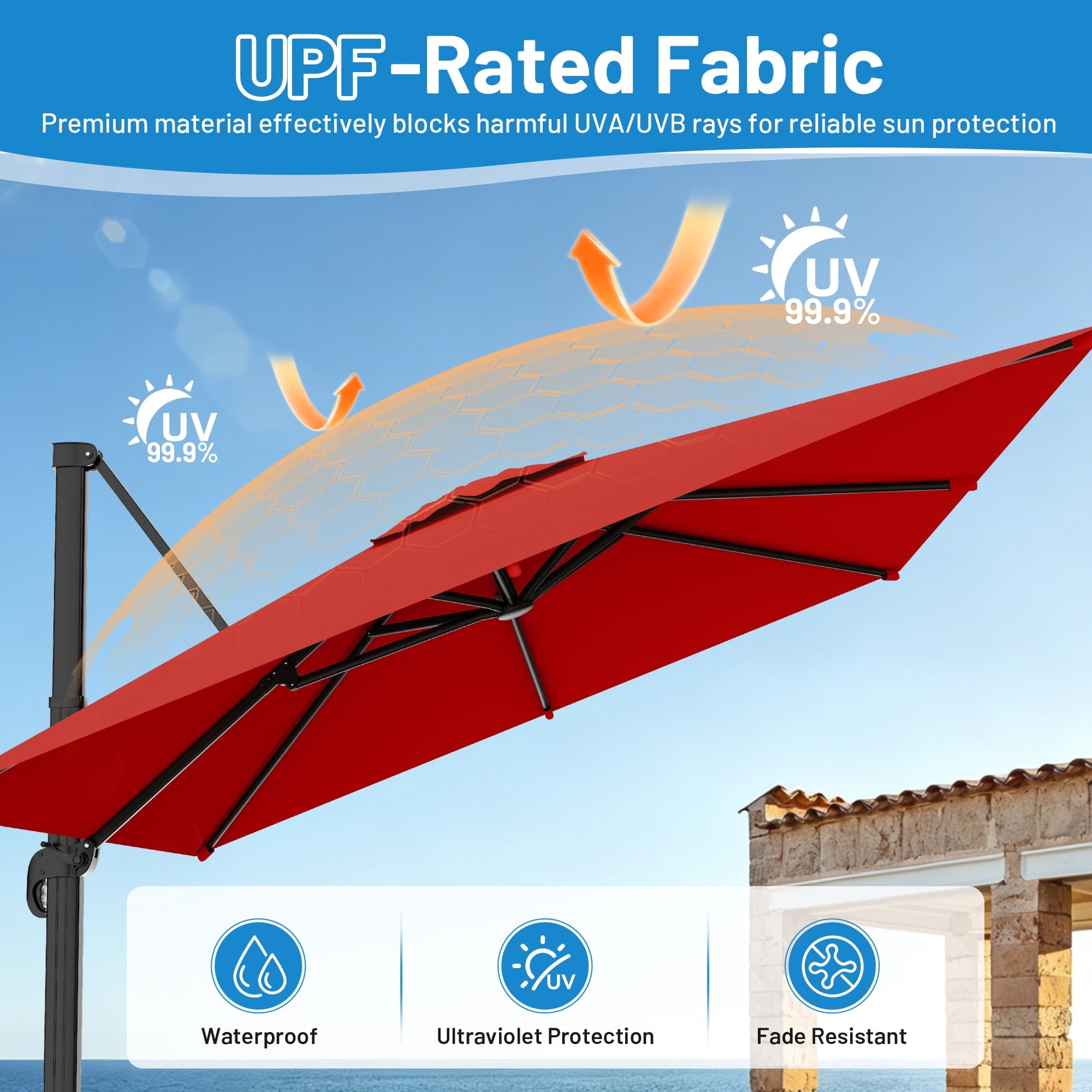 Easthome 10 × 10FT Square Cantilever Patio Umbrella, 360° Rotating Offset Umbrella with Crank, 8 ribs, Outdoor Hanging Roman Umbrella for Garden Deck Backyard, Red