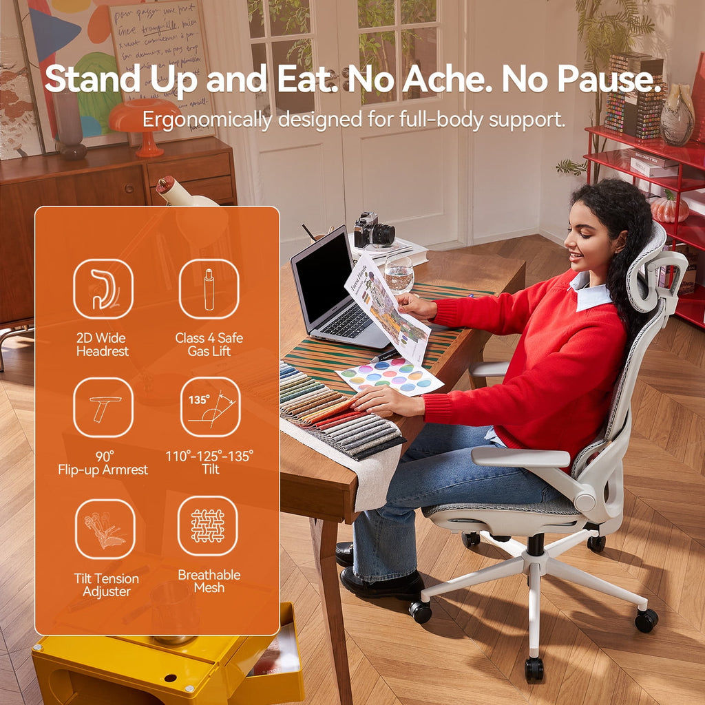 SIHOO B100 Ergonomic Office Chair, Task Chair with Zoned Back Support, 2D Wide Headrest Study Chair for Teenager, High Back Executive Chair for Home Office, White