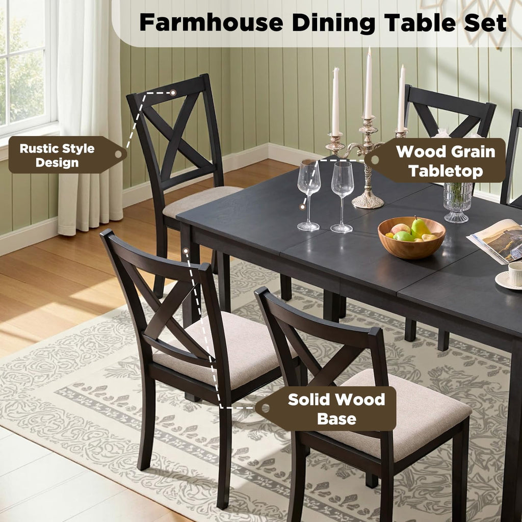 Merluxy 7-Piece Solid Wood Dining Table Set, 60 Farmhouse Dining Table with 6 Chairs, Dining Table Set for 6, Kitchen & Dining Room, Rustic Cream