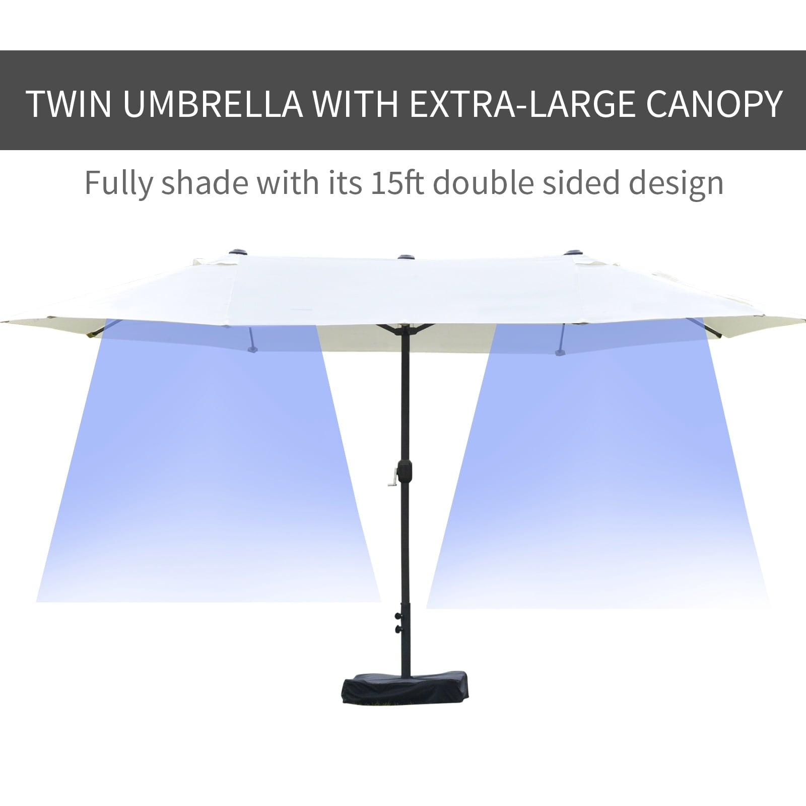 Outsunny Patio Umbrella 15' Steel Rectangular Outdoor Double Sided Market with base, Sun Protection & Easy Crank for Deck Pool Patio, Beige