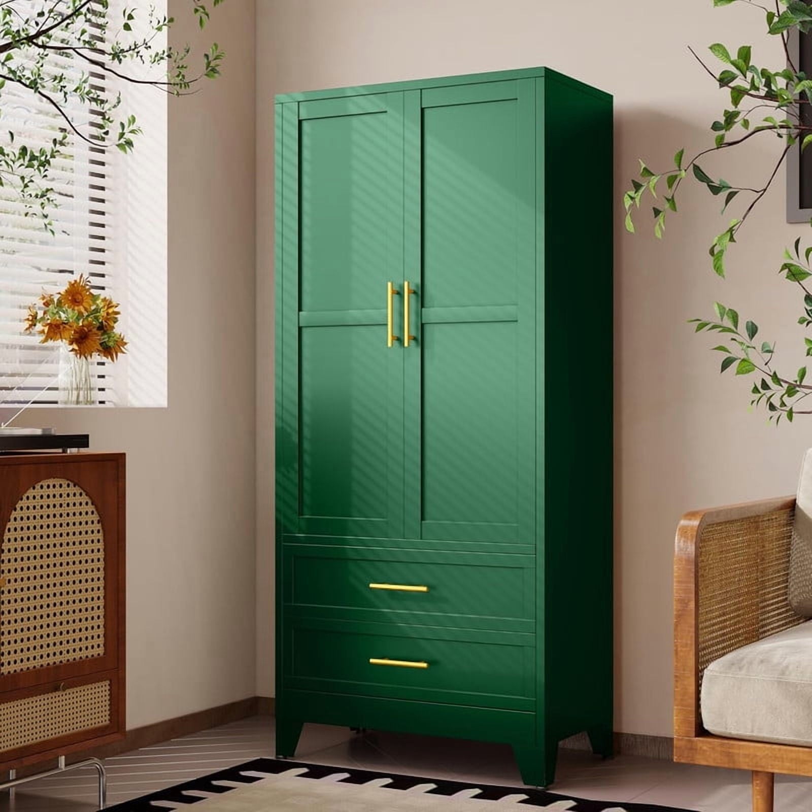 EROSOEI Metal Freestanding Armoire Wardrobe Clost With Hanging Rod and Drawers