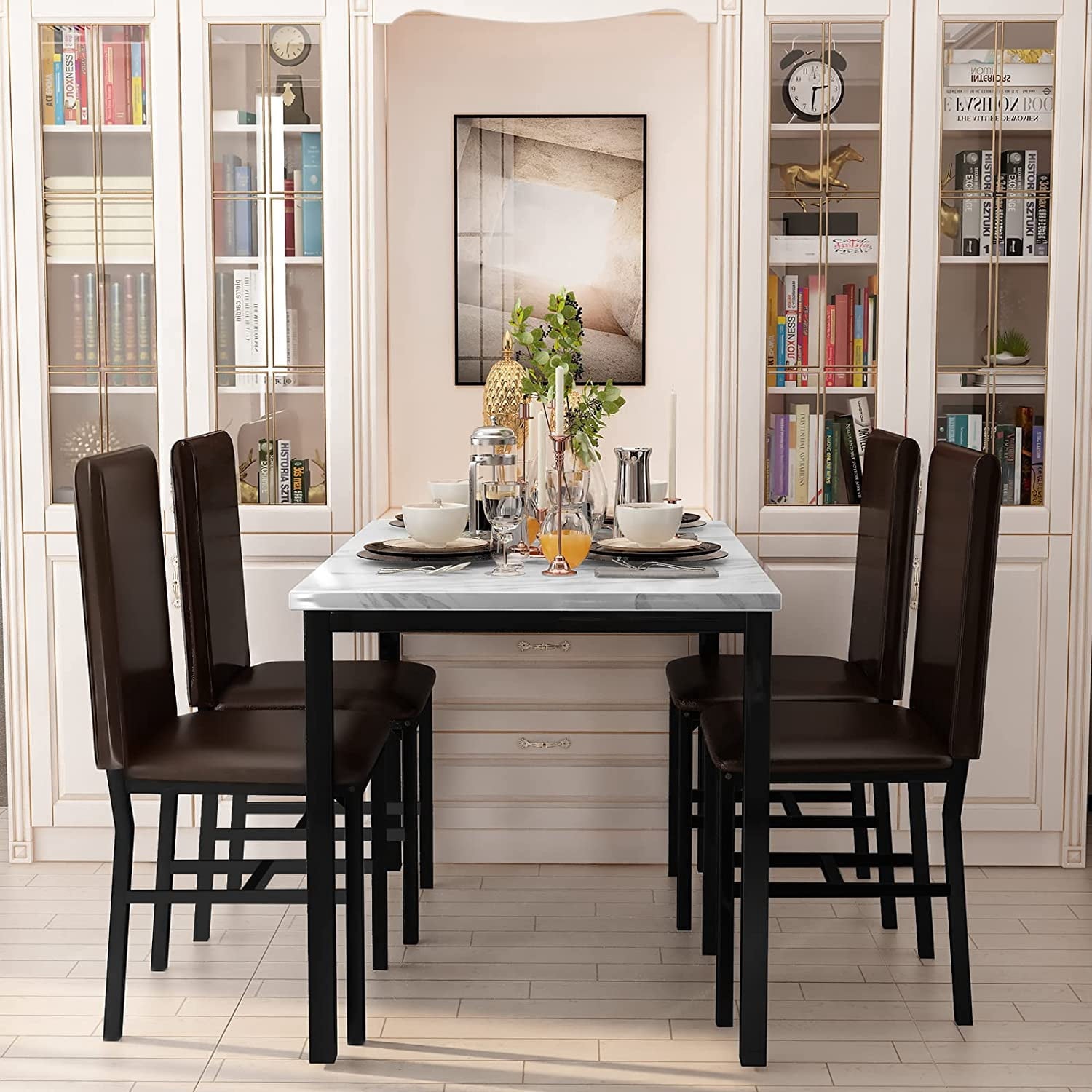 MIERES 5-Piece Dining Table Set for 4, Faux Marble Kitchen Table and 4 Chairs, Modern Dining Room Table with 4 Chairs, Dinner Table Set for Small Spaces, Brown