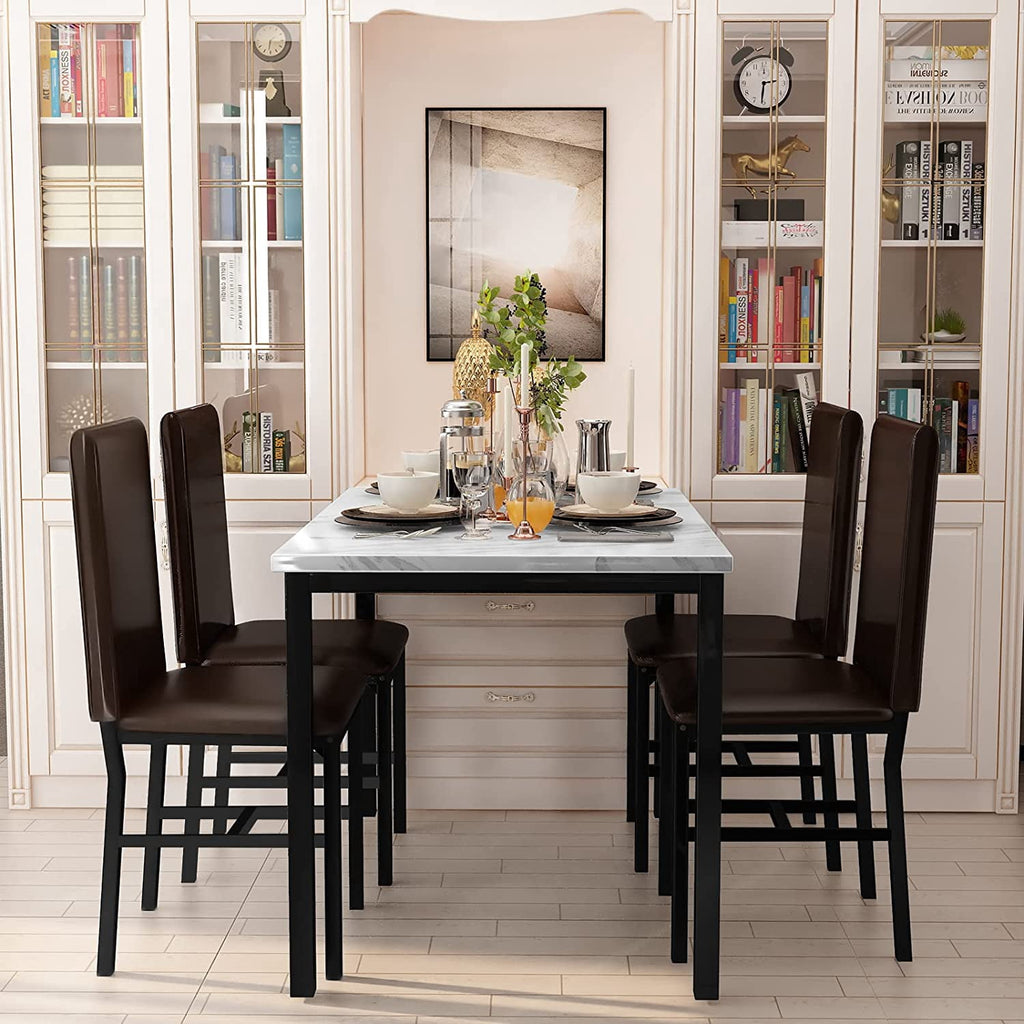 MIERES 5 Piece Dinning Table Sets for 4, Marble Kitchen Table and Chairs for 4,Dining Room Table Set with PU Leather Chairs,Faux Marble Dining Set for Small Spaces,Living Room,White+Brown