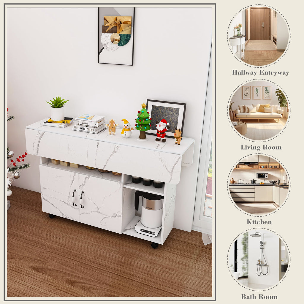 Wohh 47 Inch Folding Dining Table with Storage Shelves & Wheels, Multifunctional Kitchen Desk for Small Spaces, Compact Mobile Computer Desk for Home Office, Dorm, Adjustable Foldable Study Table