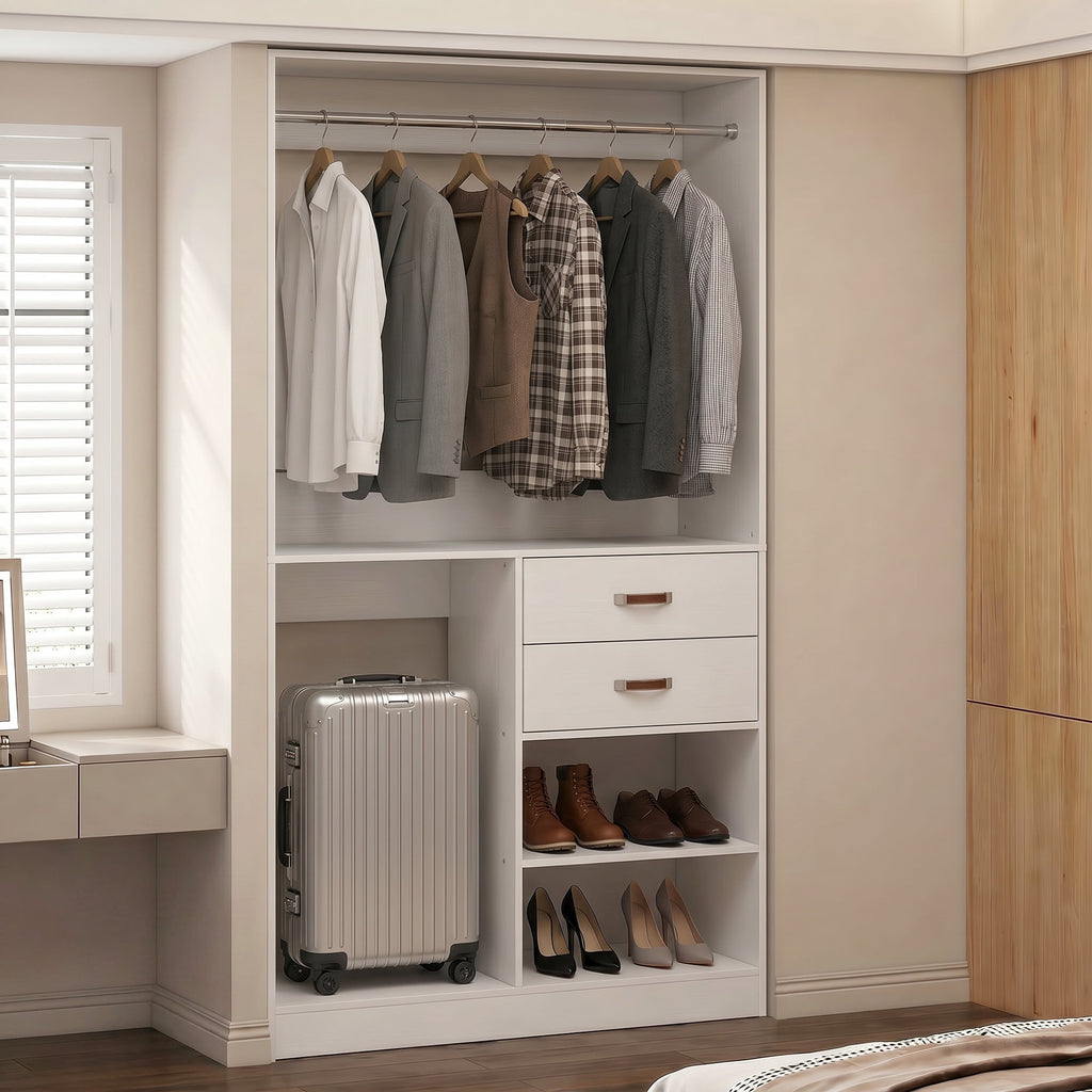 Homieasy Freestanding Closet System with Suitcase Storage, 40'' Closet Organizer System with 2 Wood Drawers and Hanging Rod, White