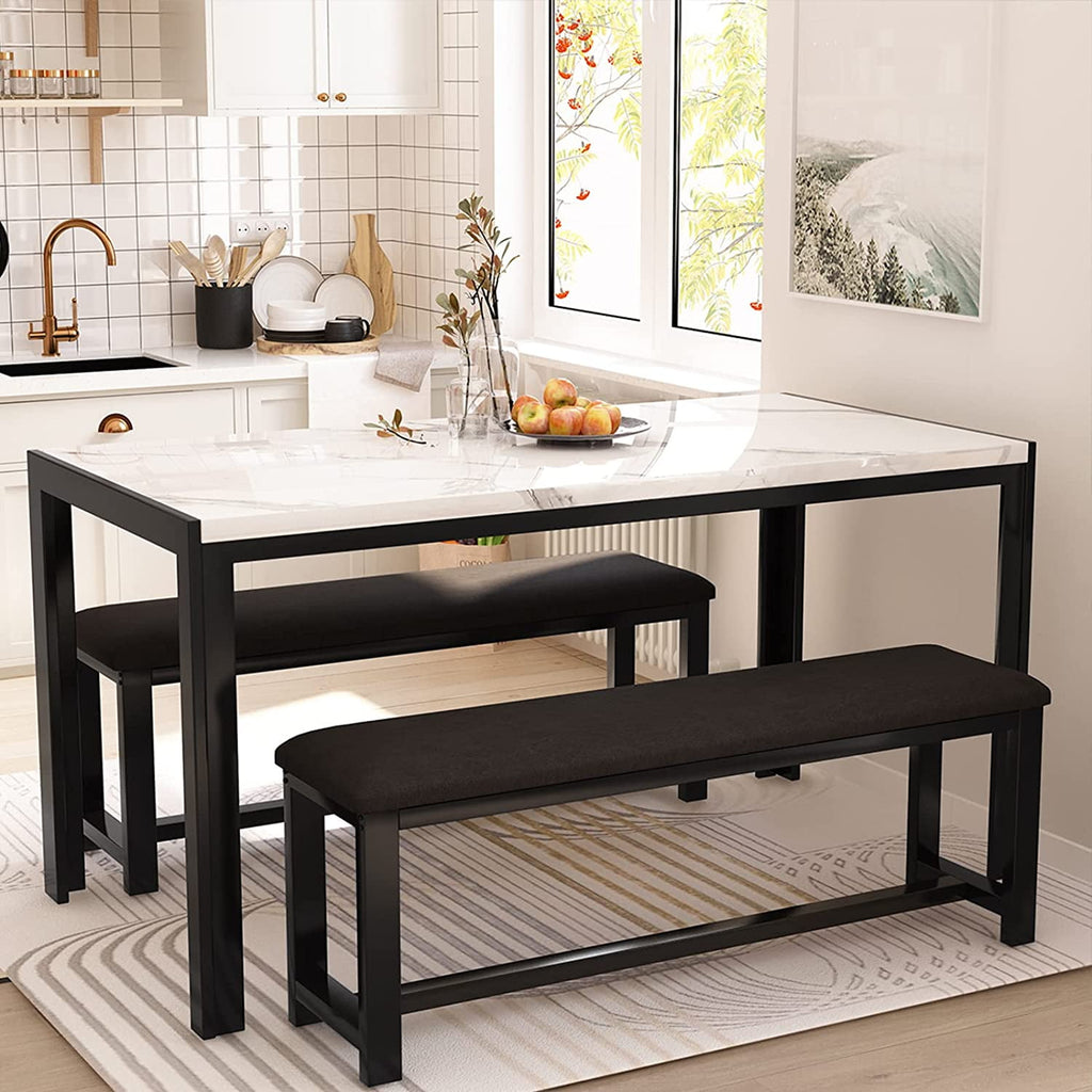 MIERES Kitchen Dining Set: Rectangular solid wood dining table with two benches, suitable for 2 to 4 people, small dining set, black