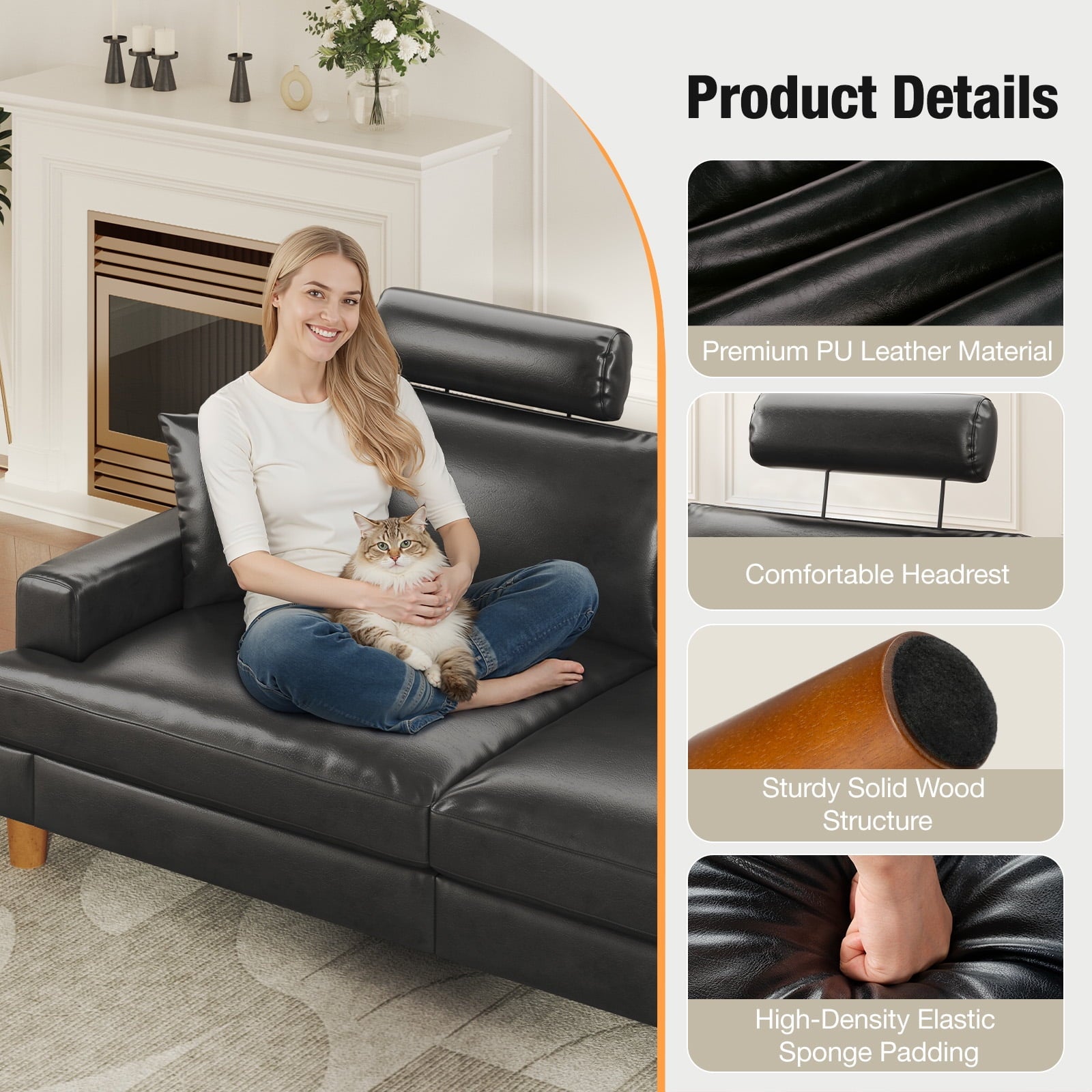 87 Sofa Premium PU Leather Couch with Headrest, Comfy 27 Extra Deep Seat 3 Seater Sofa for Living Room, Includes 2 Pillows, Black
