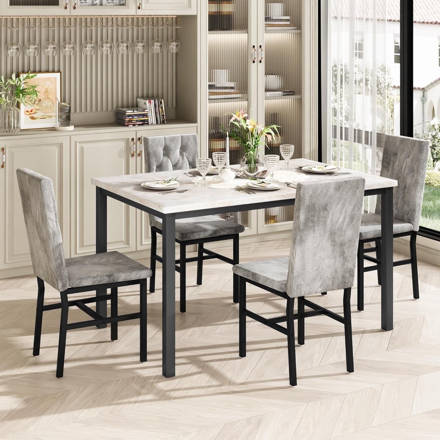 AWQM 5 Piece Dining Table Set, Faux Marble Kitchen Table and Chairs for 4, Dining Room Table Set with 4 PU Leather Chairs, White