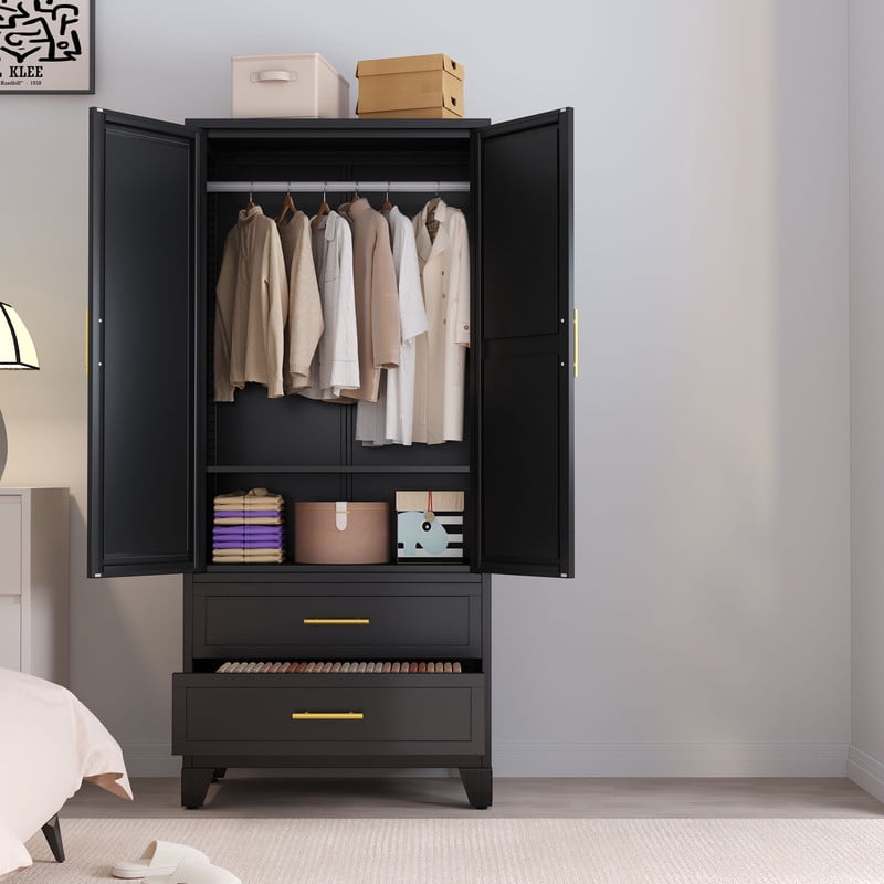 Ero Metal Freestanding Armoire Wardrobe Closet with Hanging Rod and Mirror