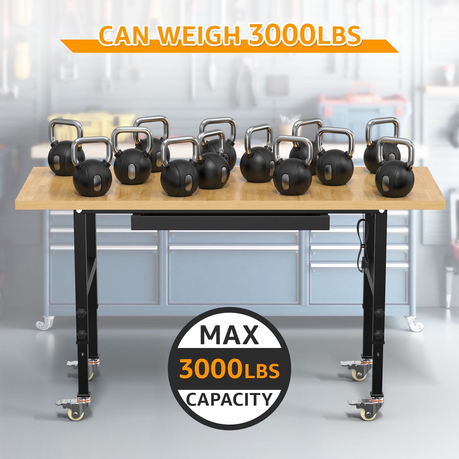 60 Adjustable Workbench,Heavy-Duty Work Table,3000 LBS Load Capacity Hardwood Workstation Outlets with Power strips and Wheels,for Workshop, Garage