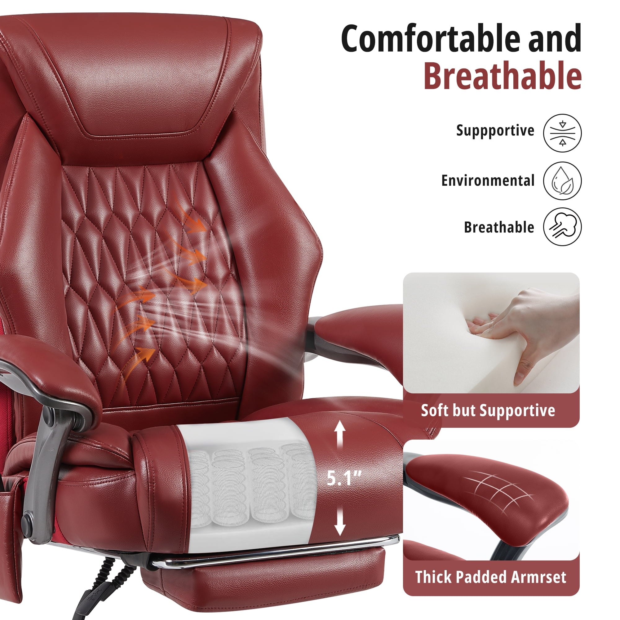 Heated Massage Office Chair with 6 Points Vibration, Reclining Ergonomic Desk Chair with Footrest for Extra Comfort, PU Leather High Back Executive Computer Chair, Thick Padded Massage Chair