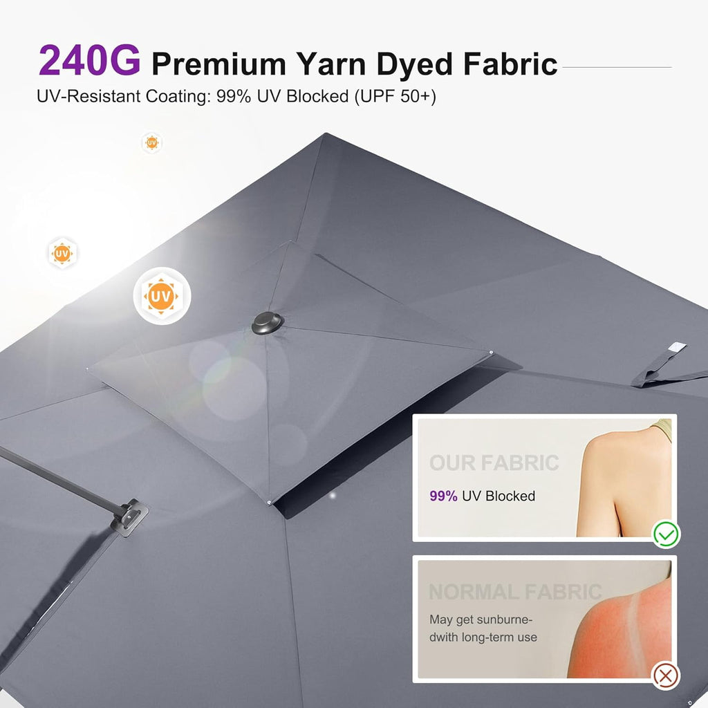 PURPLE LEAF Cantilever Umbrellas 12FT Square Large Patio Umbrella Offset Umbrella with 360°Rotation Tilting And Hanging Double Top, Grey