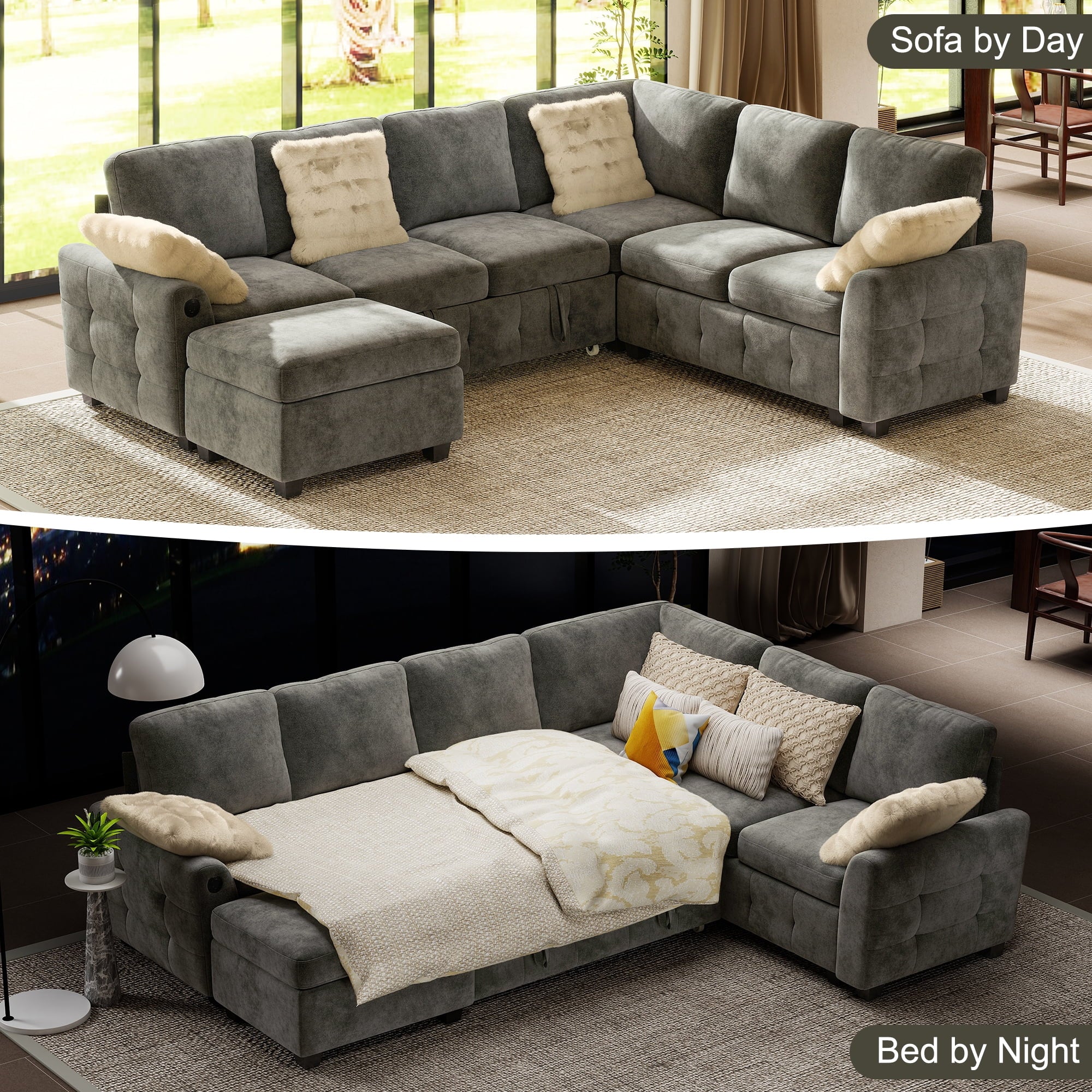 BedLuxury 83 Sectional Sleeper Sofa With Pull Out Bed, Storage Seat & USB Charging, L Shape Modern Couch for Living Room, Corduroy Gray