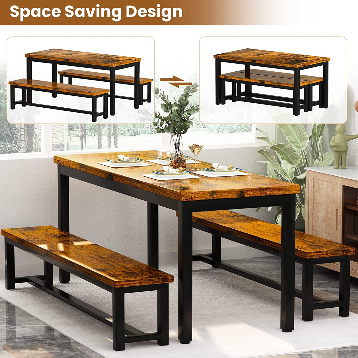 MIERES Kitchen Dining Set: Rectangular solid wood dining table with two benches, suitable for 2 to 4 people, small dining set, black