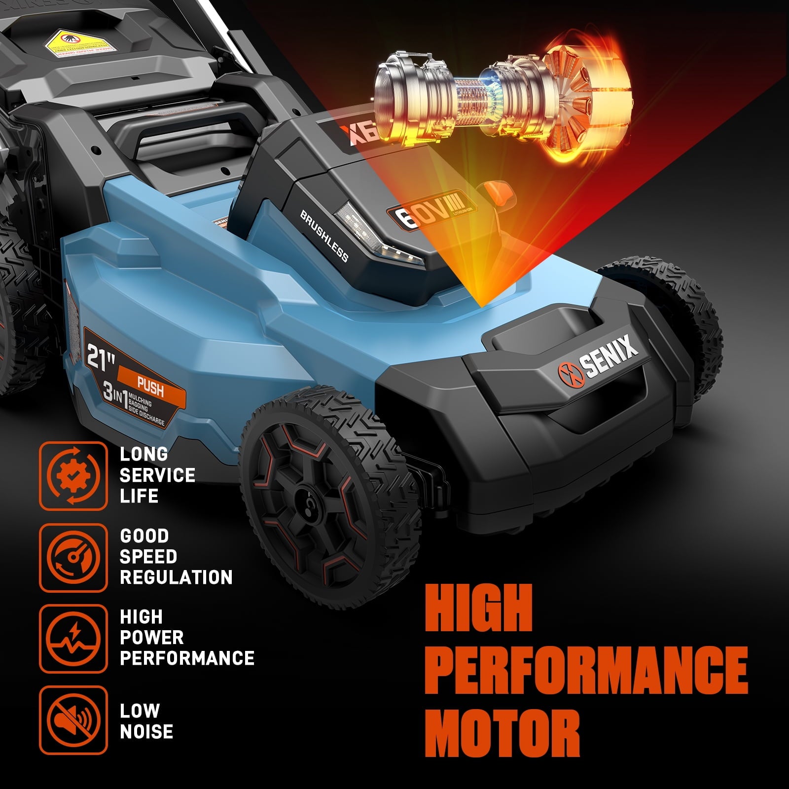 SENIX X6 60V 21 Self Propelled Lawn Mower , 8Ah Battery & Rapid 8A Charger, 3-in-1 Brushless, Smart LED Display, 7-Height Adjustment, 3-Mode, Variable Speed Push Mower