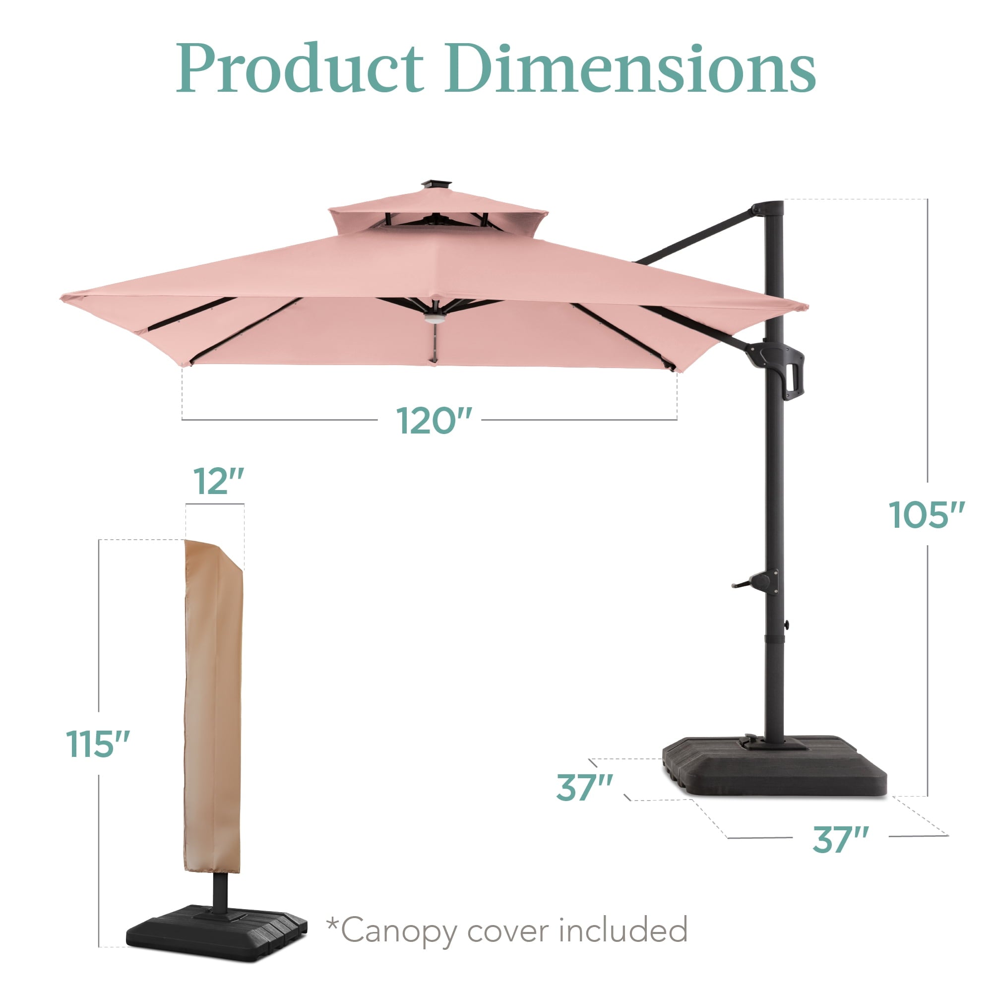 Best Choice Products 10x10ft 2-Tier Square Outdoor Solar LED Cantilever Patio Umbrella w/ Base Included - Tan