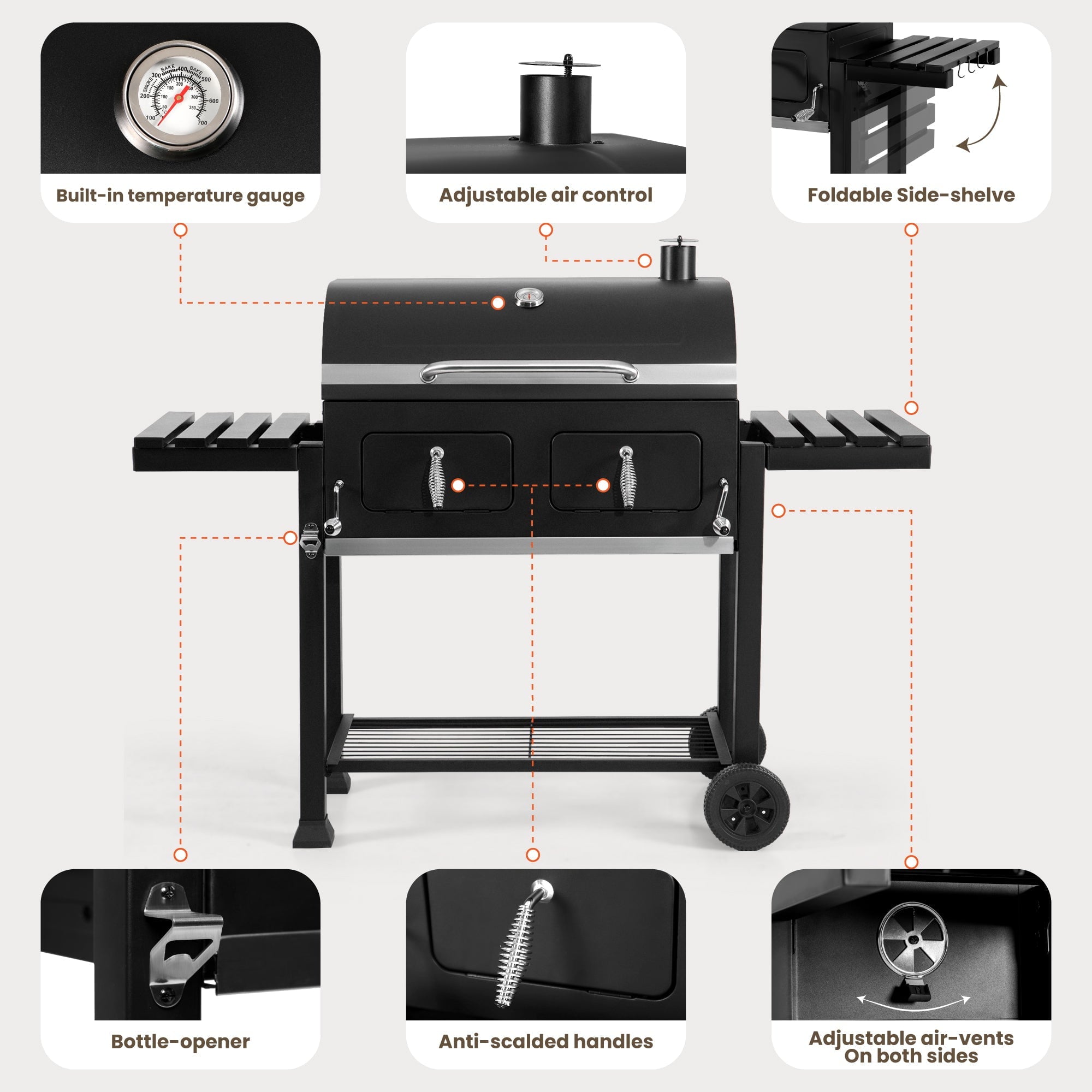 Alpha Joy 34-inch BBQ Charcoal Grill Outdoor Portable Barbecue Grill