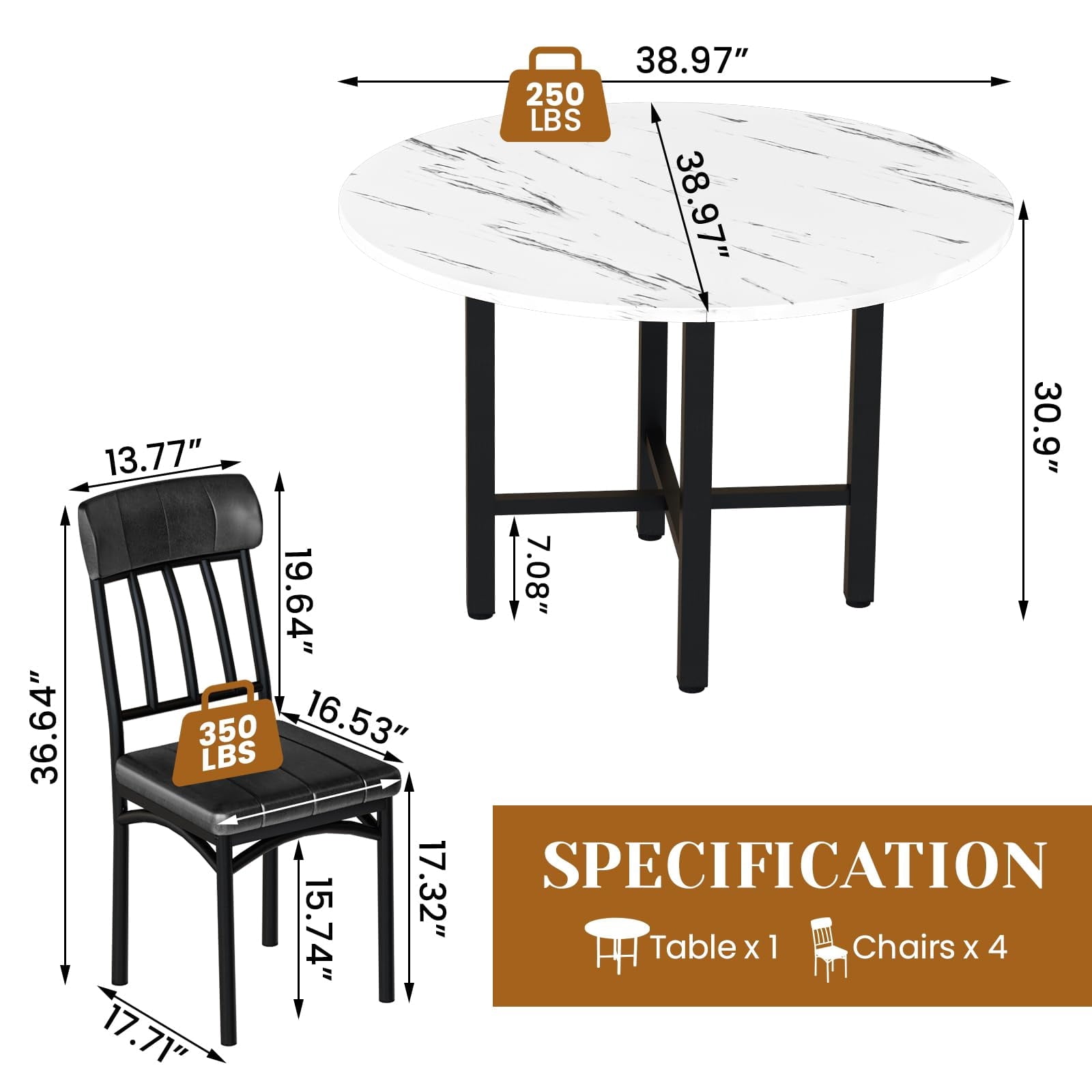 MOOSENG Round Dining Table Set for 4,Faux Marble Circle Dining Table Set with Chairs,Modern Kitchen Table and Chairs Set for 4,Round Dinner Table & Chair Set for Small Space