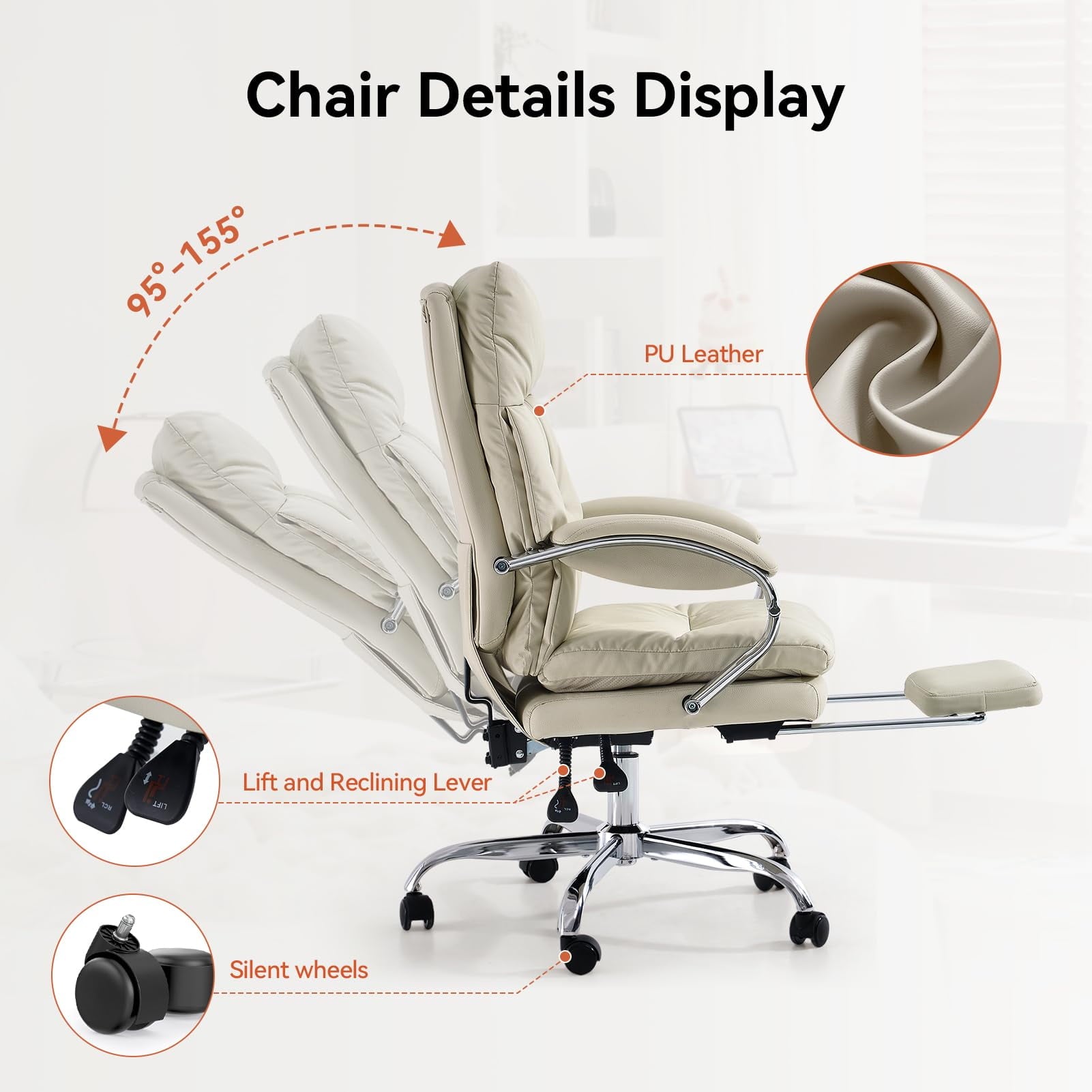 LEAGOO Reclining Office Chair with Foot Rest, Executive Office Chairs with Arms, Ergonomic High Back PU Leather Comfy Swivel Computer Desk Chairs with Wheels and Lumbar Support for Home Office, White