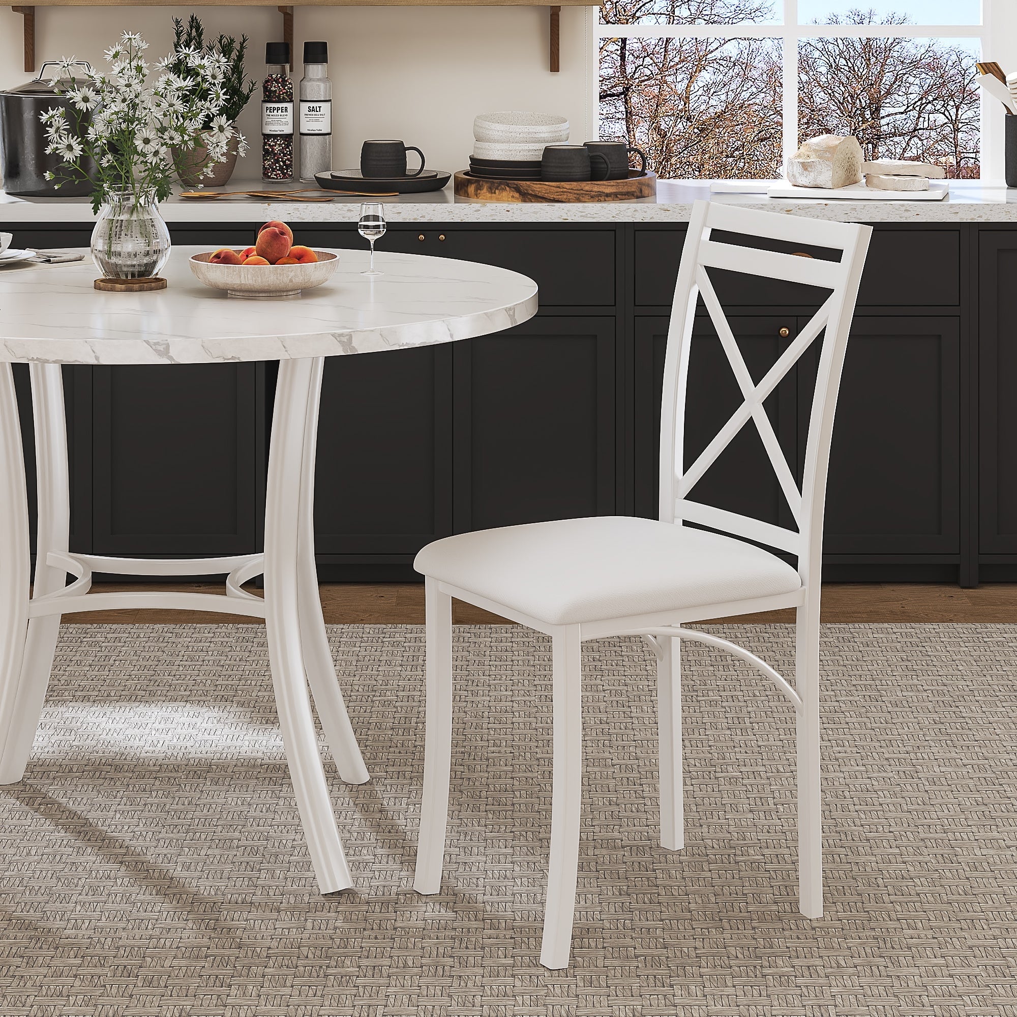 VECELO 5-Piece Dining Table Set, Modern Faux Marble Table and 4 Upholstered Chairs Set for 4, Round Dining Room Table Set for Small Space, Breakfast Nook, Apartment, Black
