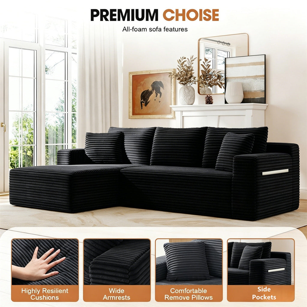 Aukfa 95 Cloud Sectional Sofa Deep Seat Boneless Couch Modular L-Shaped Couch, Left Chaise Corduroy Sofa for Living Room, Black