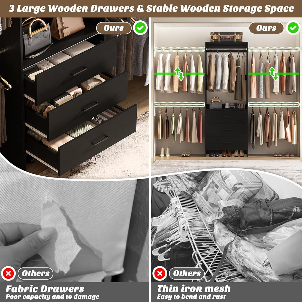 Homieasy Closet System, Closet Organizer with 3 Wooden Drawers, Walk-in Closet Wardrobe Clothes Rack with 4 Hanging Rods, Garment Rack, White