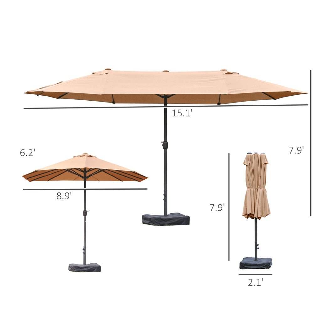 Outsunny Patio Umbrella 15' Steel Rectangular Outdoor Double Sided Market with base, Sun Protection & Easy Crank for Deck Pool Patio, Beige