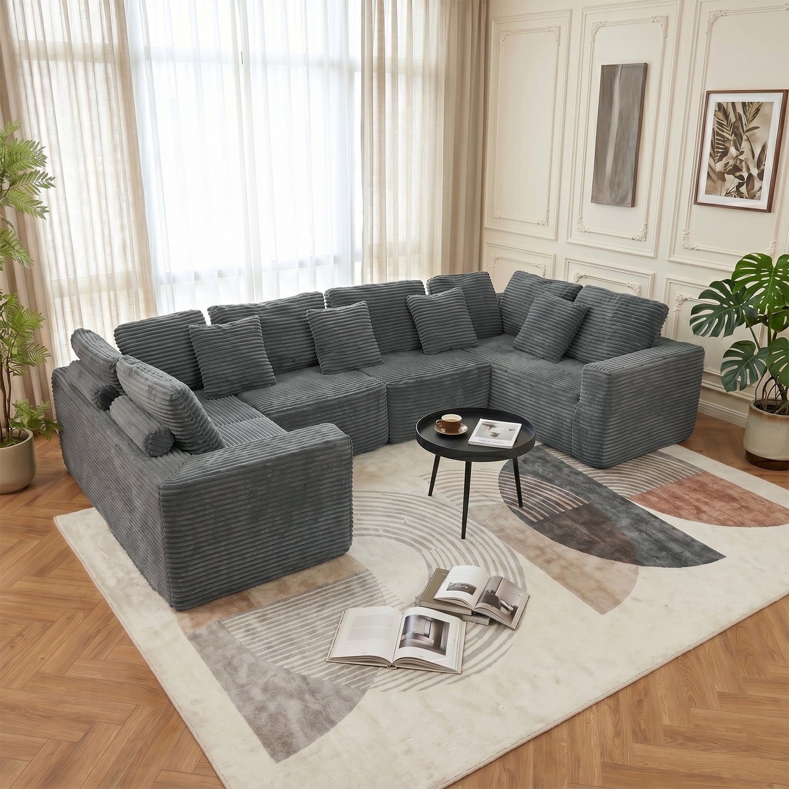 SOULART 138.5 U Shaped Sectional Couch,Gray Cloud Boneless Sofa For Living Room,Plush Corduroy Couches With Deep Seat Chaise Lounge,No Assembly Required