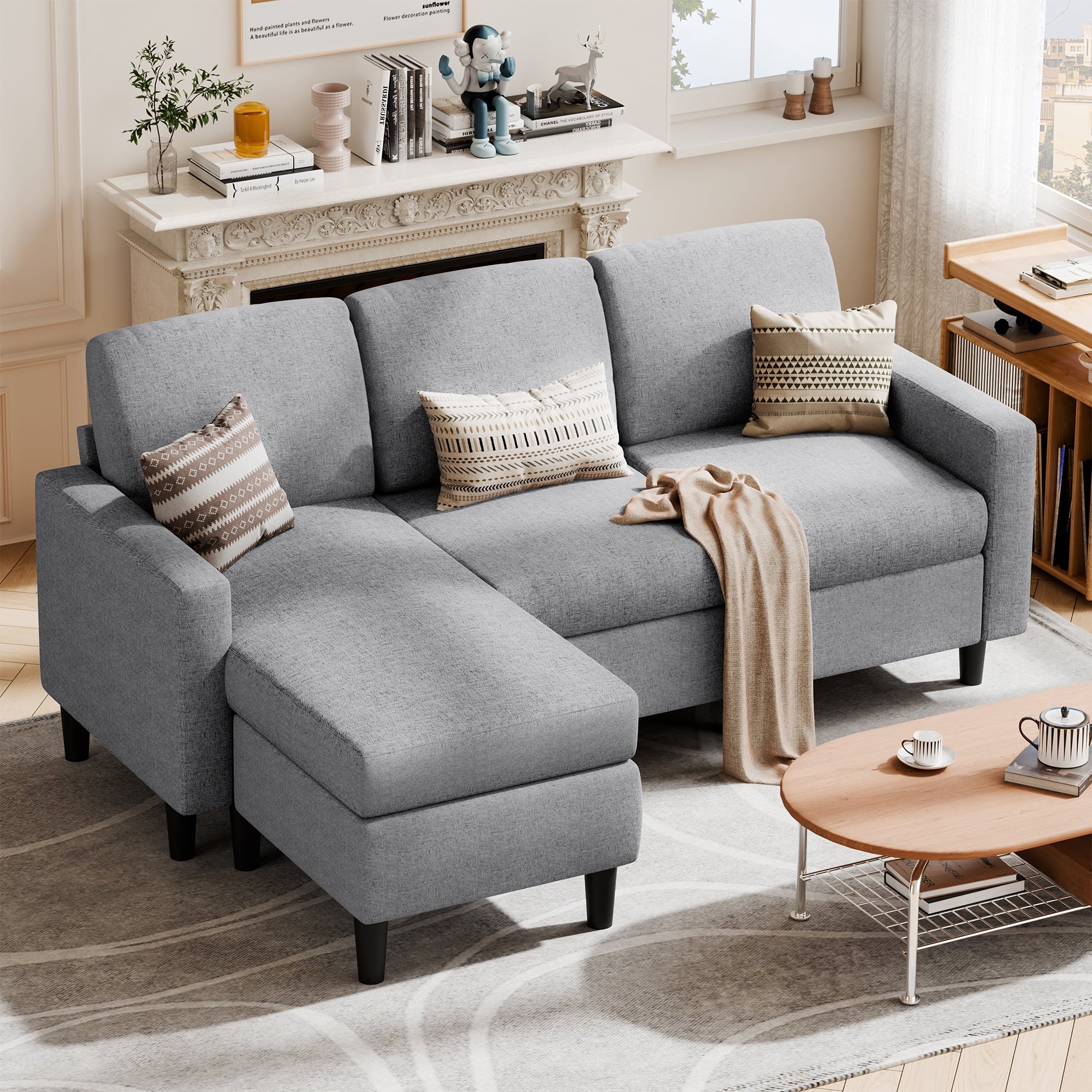 Walsunny 73.6 Convertible Sectional Sofa Couch, L-Shaped 3-Seat Sofa Couch with Reversible Chaise for Small Space,Dark Gray