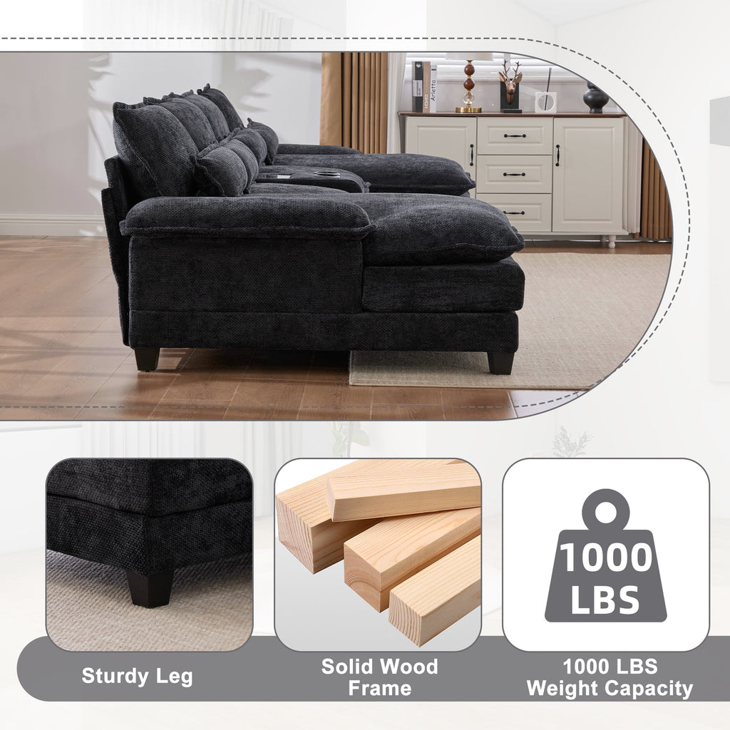 Villeston 126.77 U-Shaped Cloud Sofa With Chaise Lounge, Chenille Sofa With Wireless Charging, Bluetooth Speaker, Two Cup Holders, Storage Drawer, Suitable For Living Room,Gray